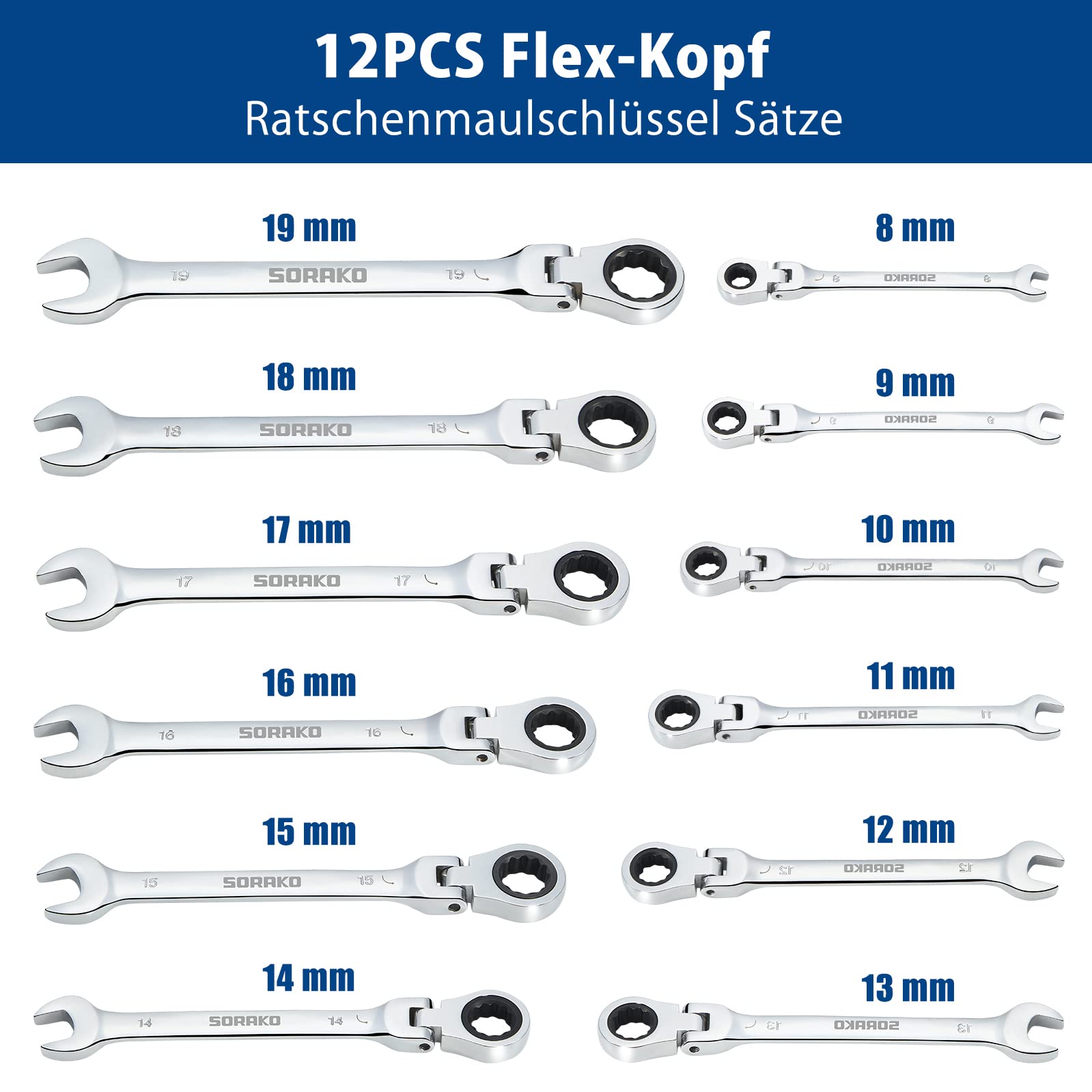 SORAKO Ringschlüssel Set 12Pcs, Ratschenschlüssel Set 8-19mm Maul-Ringschlüssel-Satz, Dual-Use Design Maulschlüssel, Rutschfest Schraubenschlüssel Set Maulschlüssel