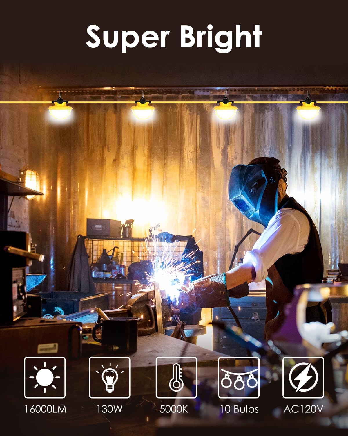 100FT LED Construction String Lights - 3 Prong, 130W 16000LM Plug in Linkable String Work Lights, 5000K Weatherproof Temporary Lighting for Construction Sites, Jobsites, Indoor & Outdoor, UL Listed - Image 2