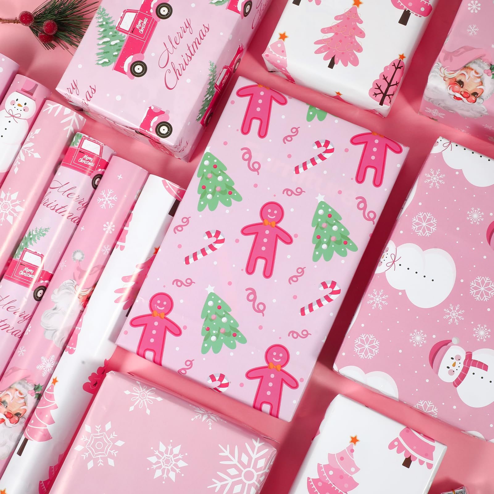 Carta Regalo Natalizia Rosa Adurself - 6 Fogli Jumbo Con Motivi Festivi (71x101 Cm)