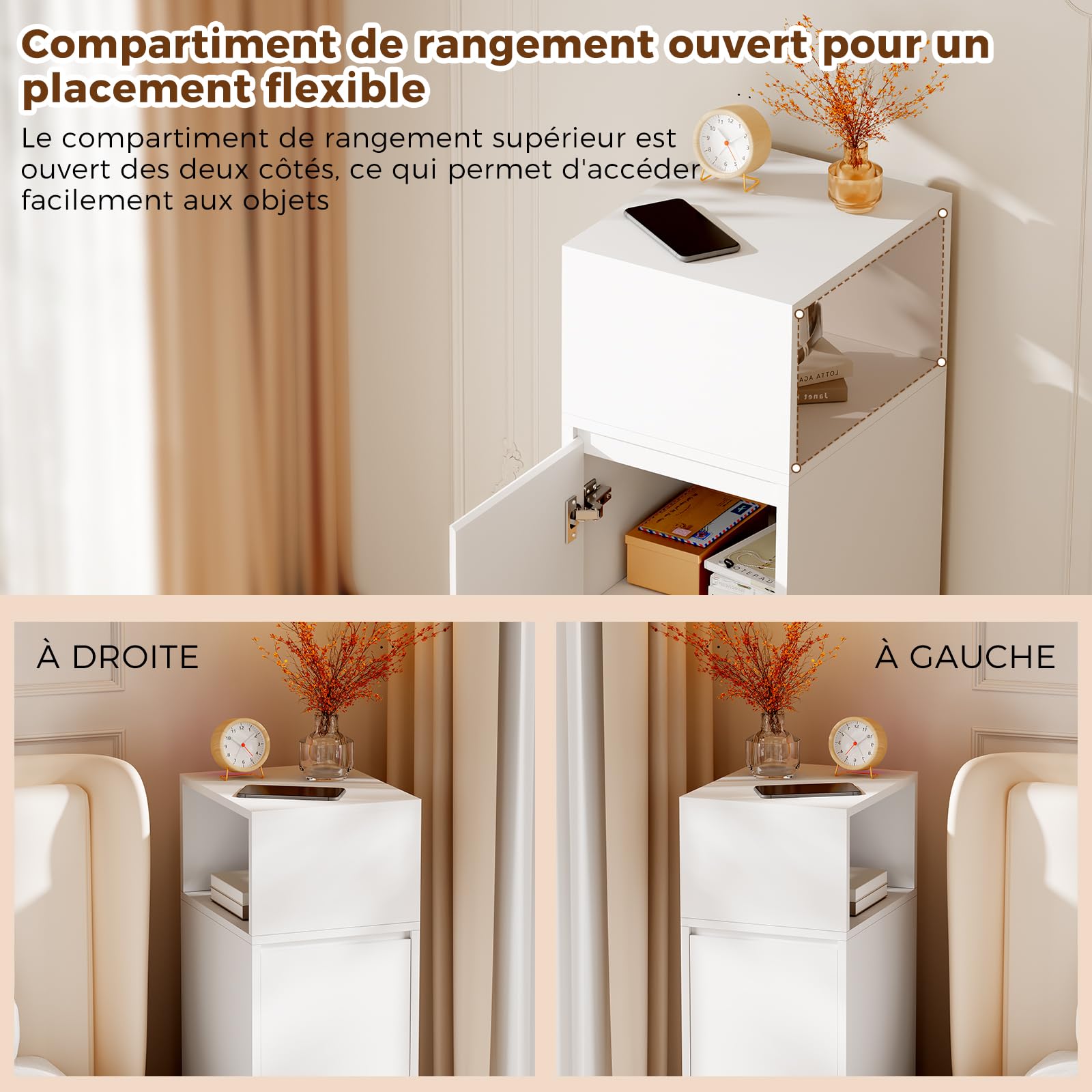 BEWISHOME Table de Chevet Étroite Lot de 2,Table d'Appoint,1 Port | Compartiment Ouvert,3 Étagères Réglables en Hauteur,65 x 25 x 30 cm,pour Chambre à Coucher et Salon,Blanc EFCG13W