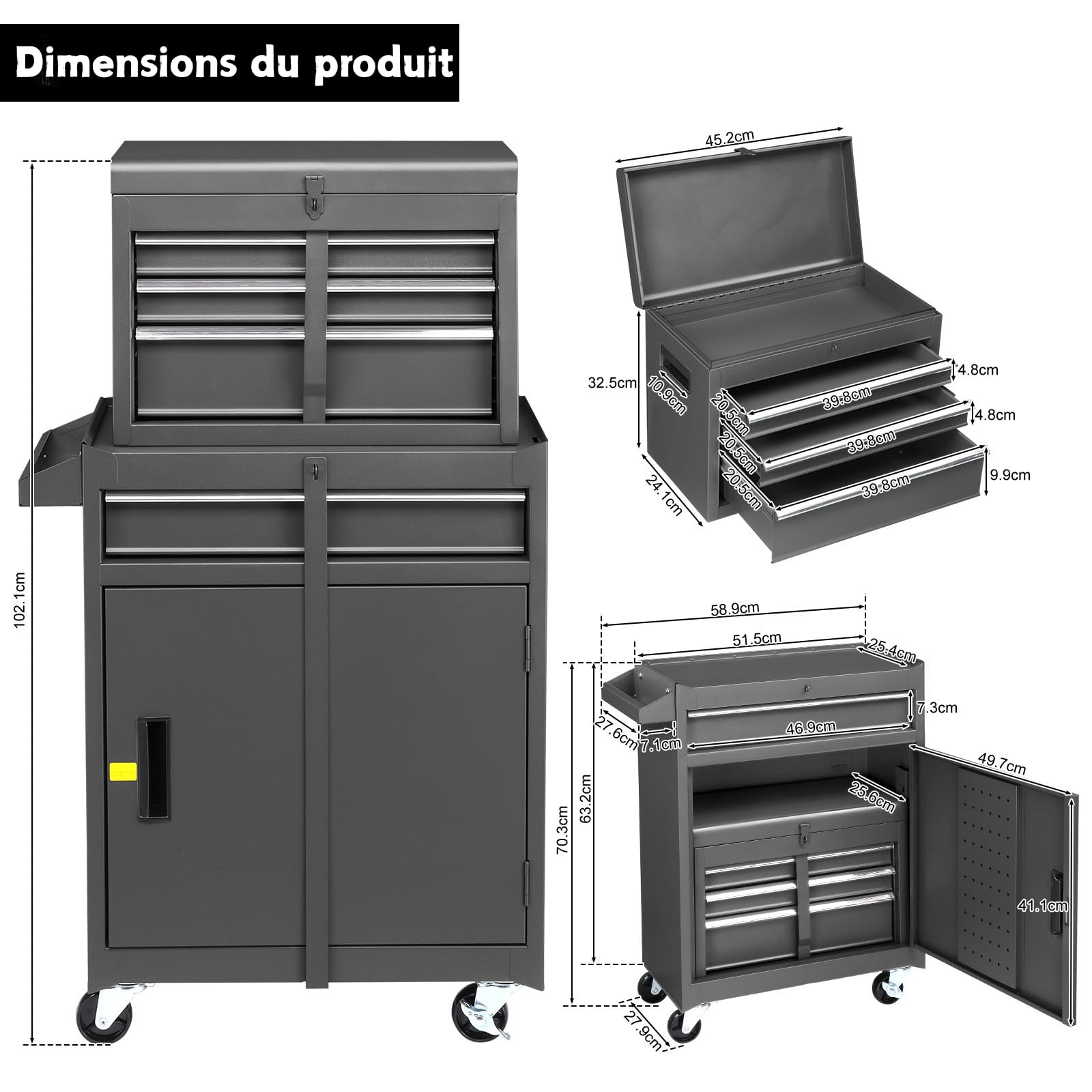 LEADZM Servante d'Atelier Outils avec Coffre Amovible, 6 Tiroirs(Noir) | Etabli Garage，Armoire à Étagère Réglable& Caisse à Outil Roulante，pour Garage, Atelier