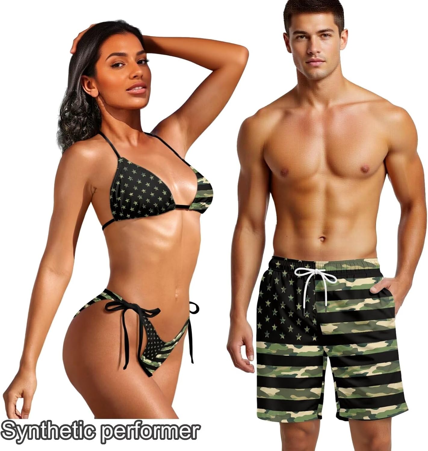Howilath Flag Print Couples Swimsuits for Summer Quick Dry Board Shorts with Pockets Bikini Sets Women Summer Essential