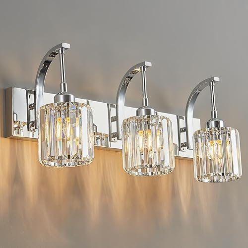 Lámpara de tocador de cristal de 3 luces, moderno aplique de pared de baño cromado con pantallas de cristal K9, iluminación de espejo de 23.62