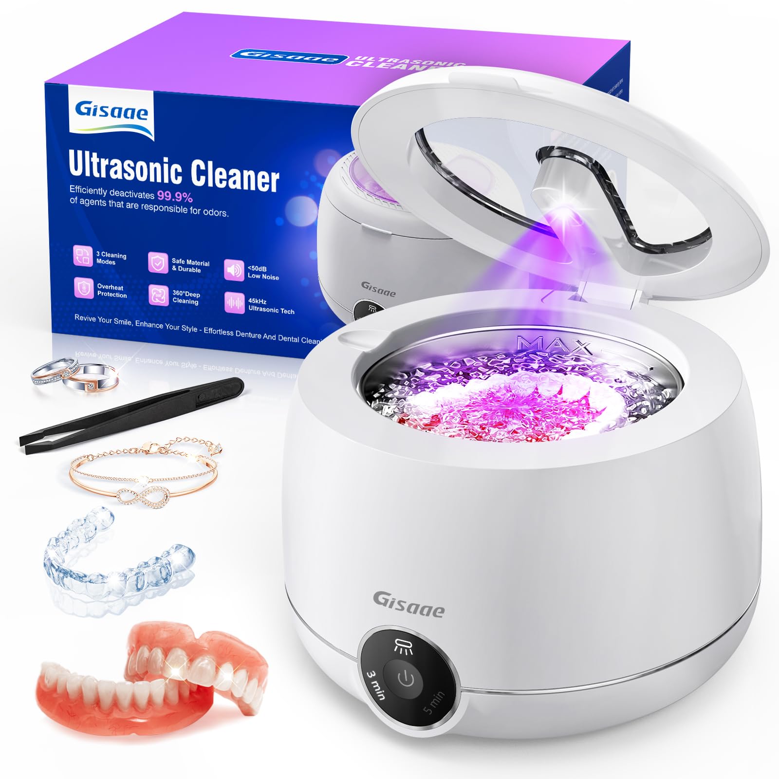 Ultrasonic U-V Cleaner for Dentures, 45kHz Ultrasonic Retainer Cleaner Machine, 200ML Ultrasonic Cleaner for All Dental Care Tools, Jewelry, Retainer, Aligner, Mouthguard, Invisalign