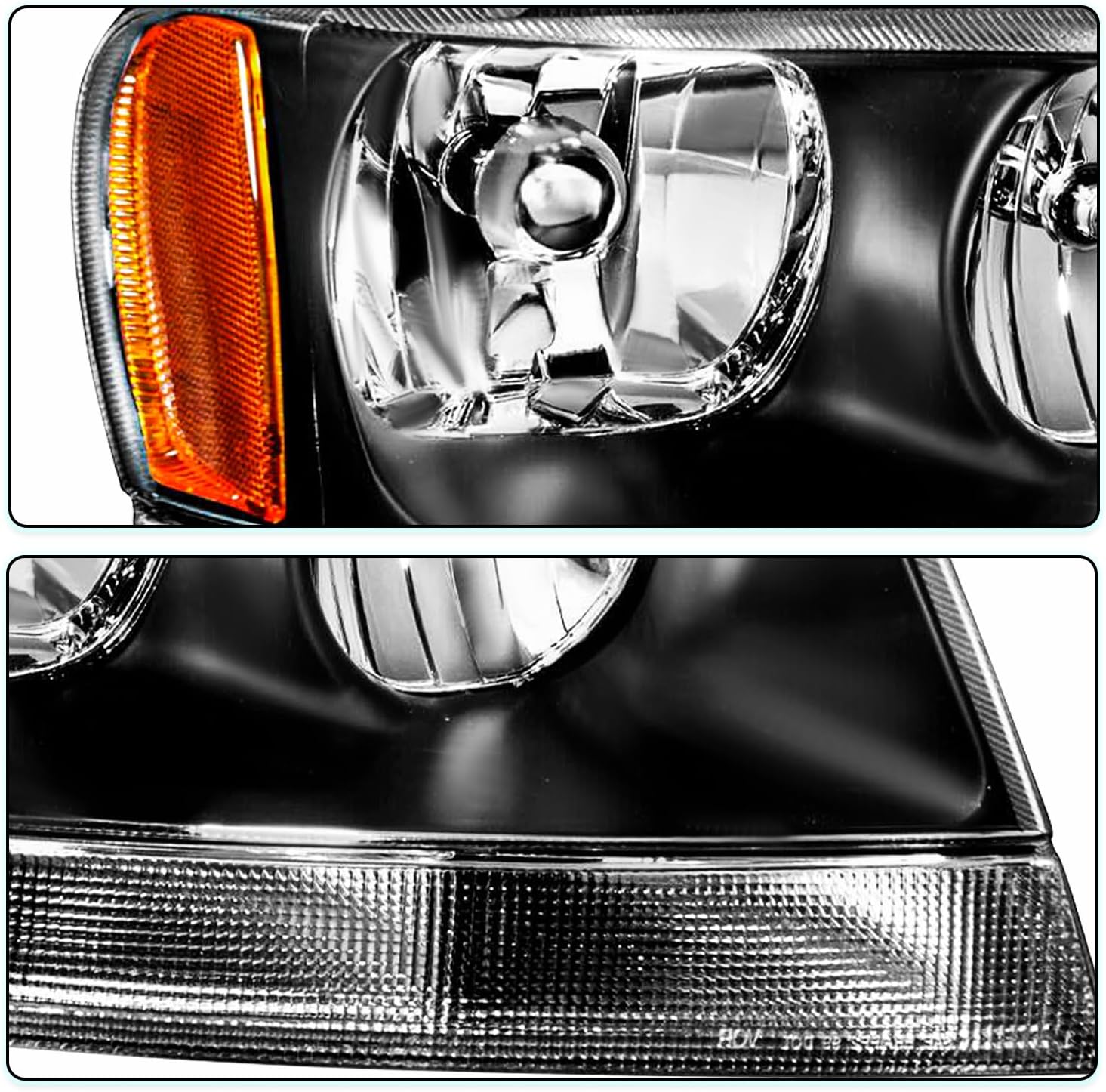 Halogen Headlight Assembly for 1999-2004 Jeep Grand Cherokee WJ Driver and Passenger Side Black Housing with Amber Reflector