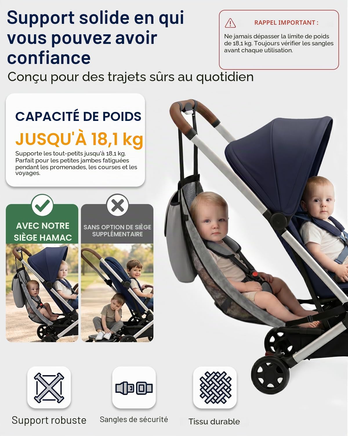 Sangle de siège amovible pour poussettes pliées compatibles, en maille pliable avec sangles réglables, installation sans outil, accessoire uniquement
