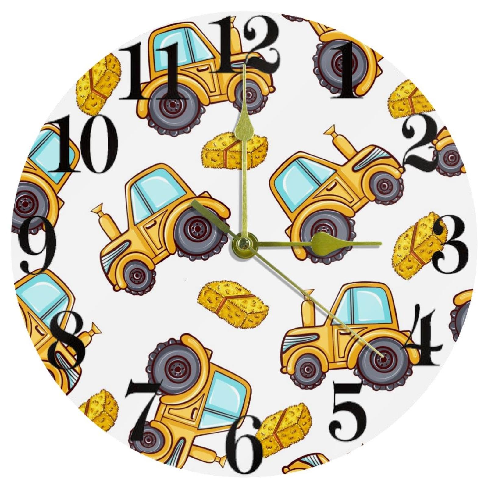 Horloge murale tracteur jaune silencieuse à quartz pour chambre enfant