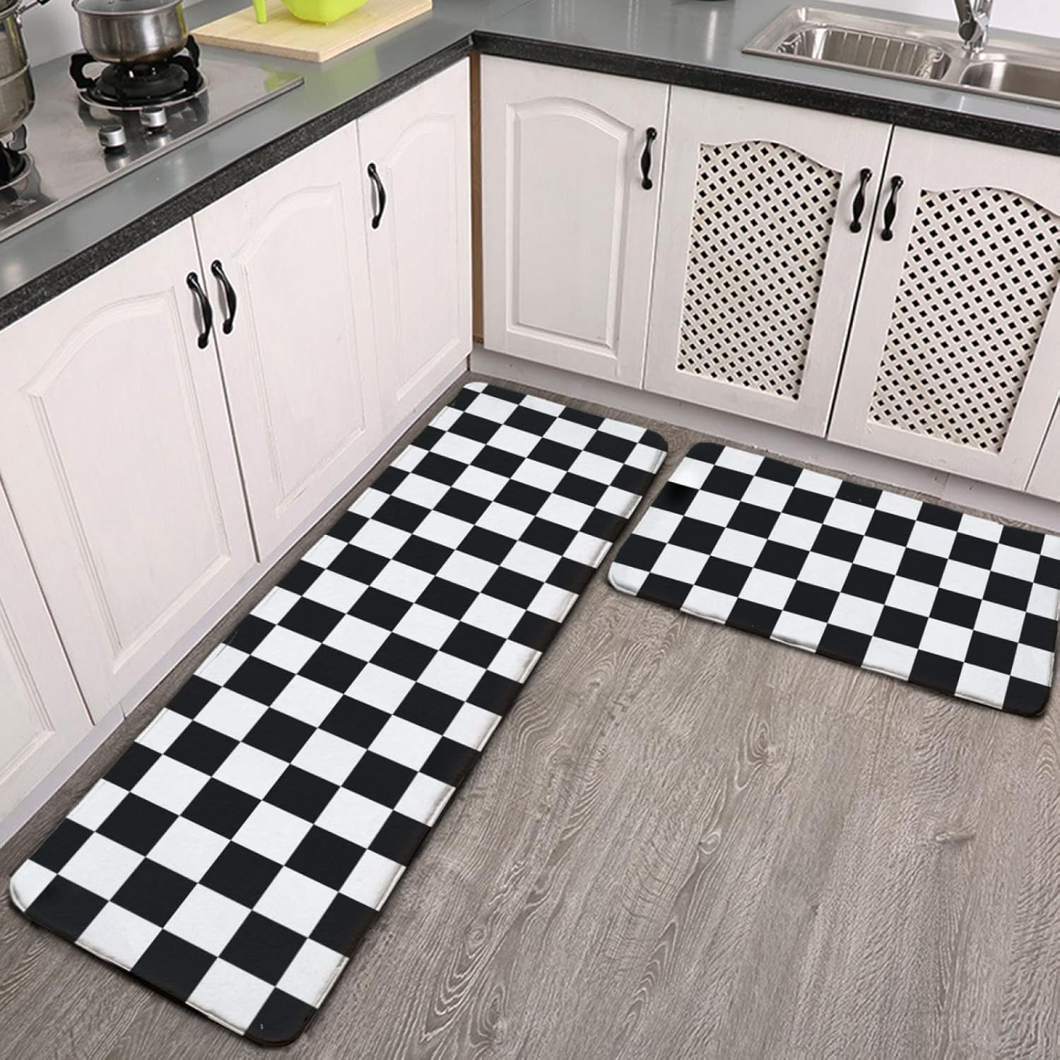 Black White Race Checkered Flag Pattern Kitchen Rug Set 2 PCS Floor Mats Washable Non-Slip Soft Flannel Runner Rug Doormat Carpet for Kitchen Bathroom Laundry