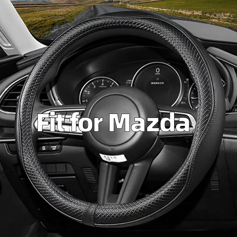 Capa para volante Mazda em couro preto, 38 cm, design esportivo CACAWIZ FXP-005