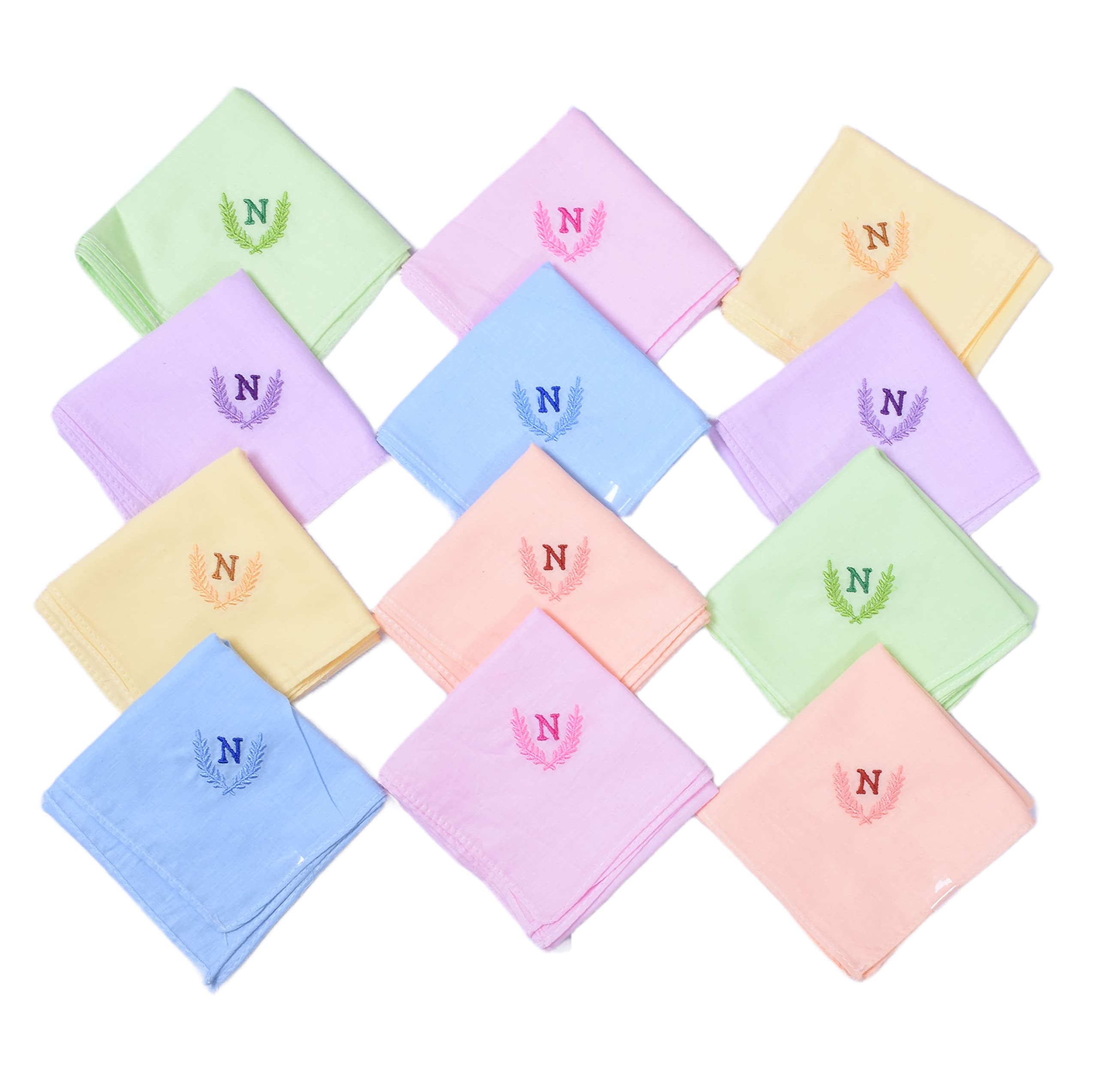 Personalized Handkerchief Cotton for Women & Girls with Embroidered Initials N Alphabets for Gift (Pack of 12)-image-46