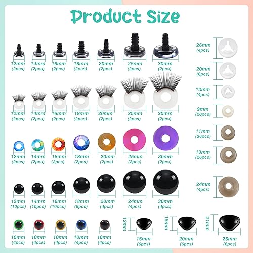 Miniatura 2 de TOAOB - 100 ojos y narices de seguridad con arandelas de 0.39 a 1.18 pulgadas con purpurina, ojos y pestañas de seguridad de plástico colorido para