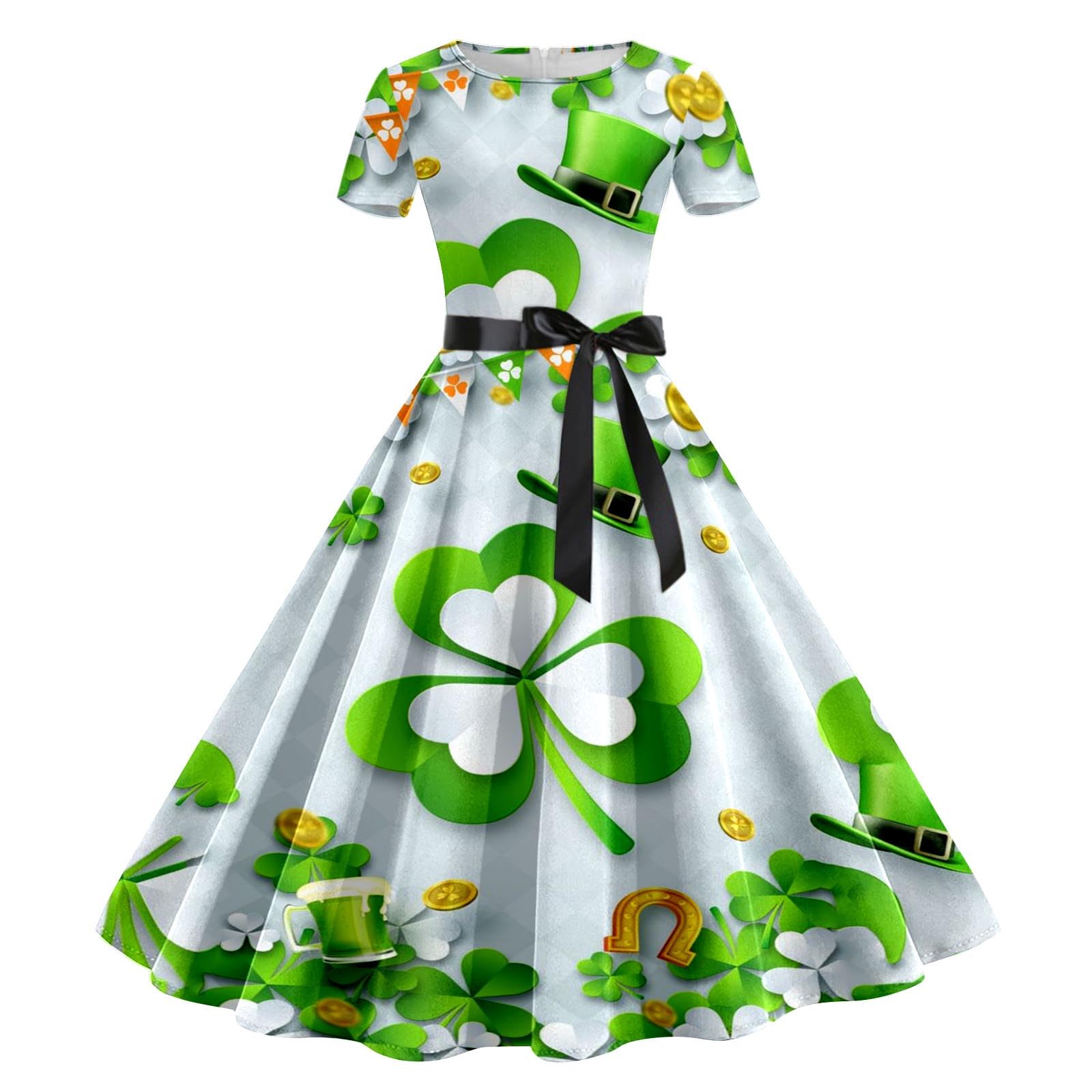 Womens St Patricks Day Fancy Dress Leprechaun Costumes Ireland Irish Shamrock Print Dress Saint Patricks Day Green Irish Outfits Gown Cocktail Green Sleeveless Paddy's Fancy Dres Party