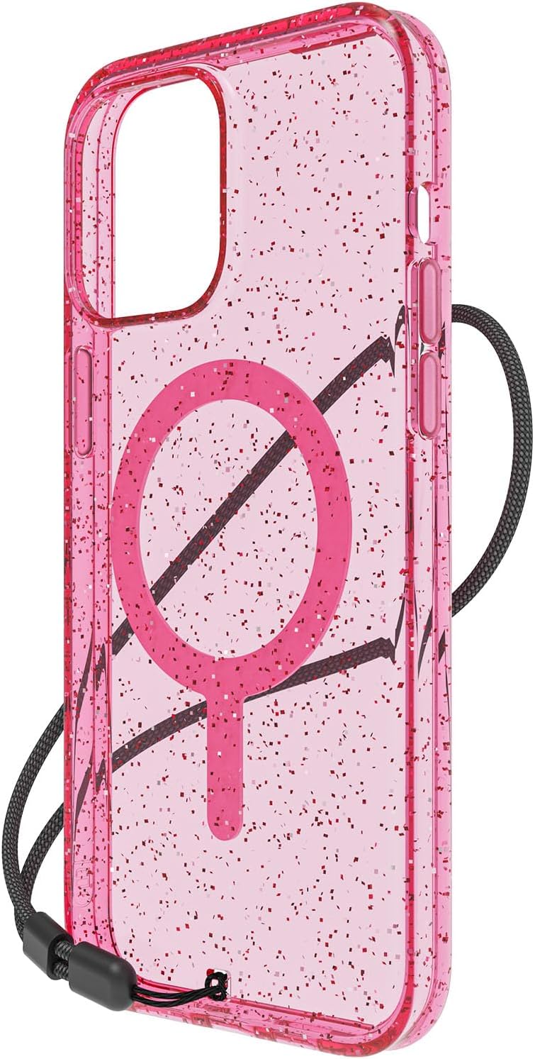 BodyGuardz Carve Clear for iPhone 15 Pro Case, Ultra-Slim Shockproof Military Grade Tested 16FT Drop Rating, Compatible with MagSafe and Wireless Charging, Responsive Buttons - Pink Glitter