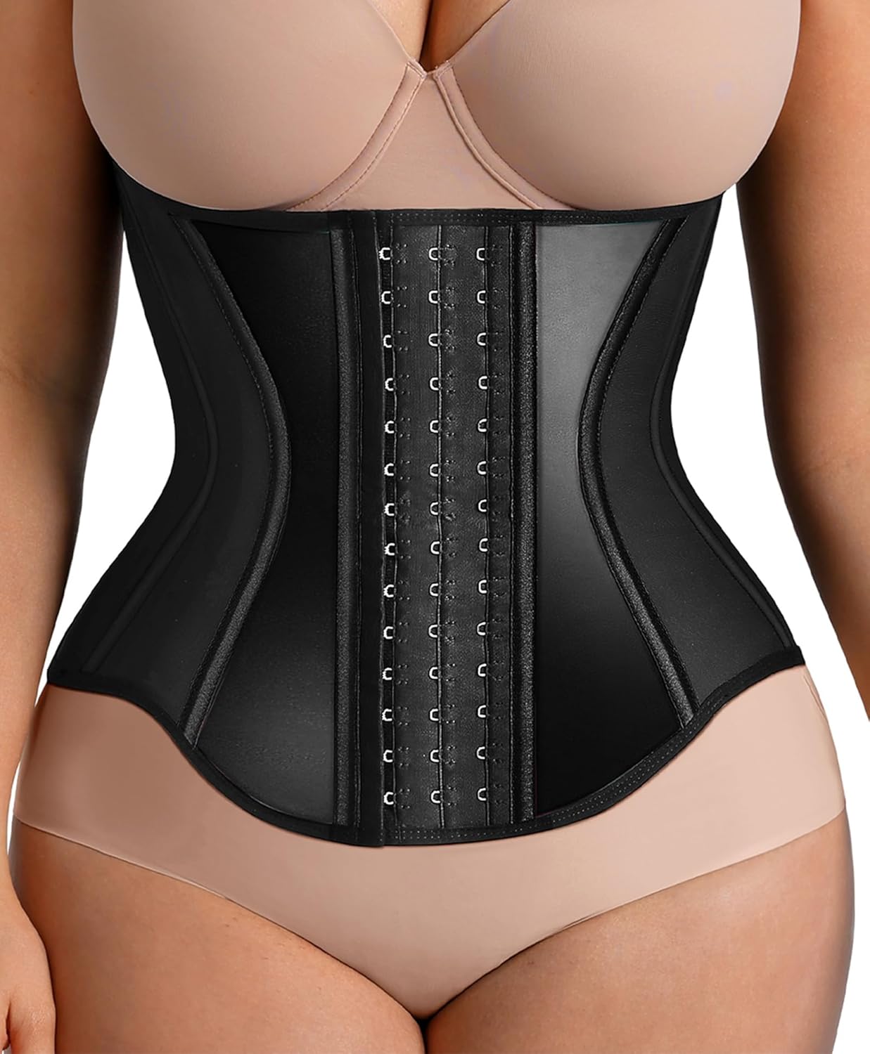 FeelinGirl Waist Trainer for Women Tummy Control Working Out Shapewear Latex Glossy Waist Cincher with Adjustable Hooks