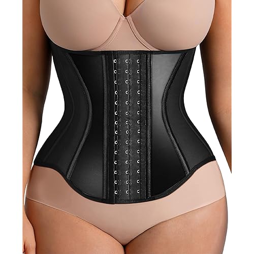 FeelinGirl Waist Trainer for Women Tummy Control Working Out Shapewear Latex Glossy Waist Cincher with Adjustable Hooks