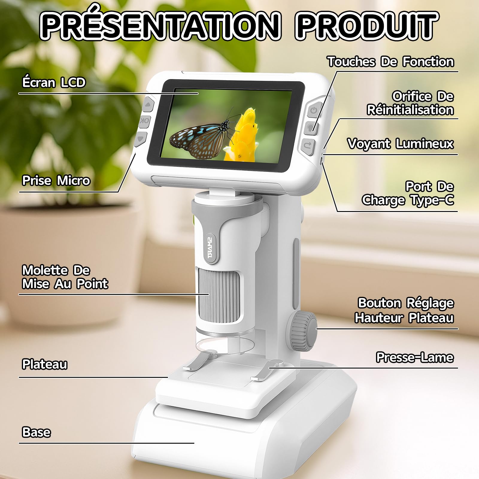 Microscope Enfant Portable avec Carte Mémoire 64Go, Écran LCD 4 Pouces, Grossissement 1600X, Prise de Photos et Vidéos