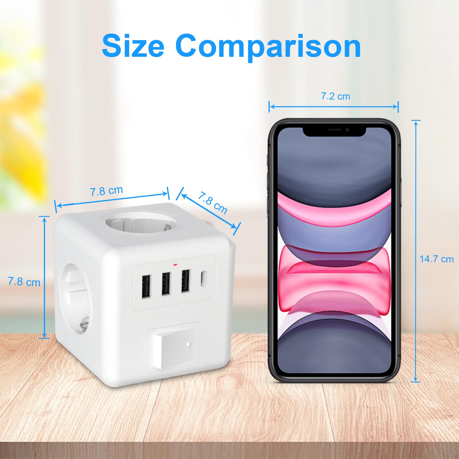 ANTELA Regleta Eléctrica Cubo 16A 3680W 3 Tomas Schuko + 4 Puertos USB (1 USB-C+3USB-A),Protección contra Sobrecarga,Largo de 1.5 Metros
