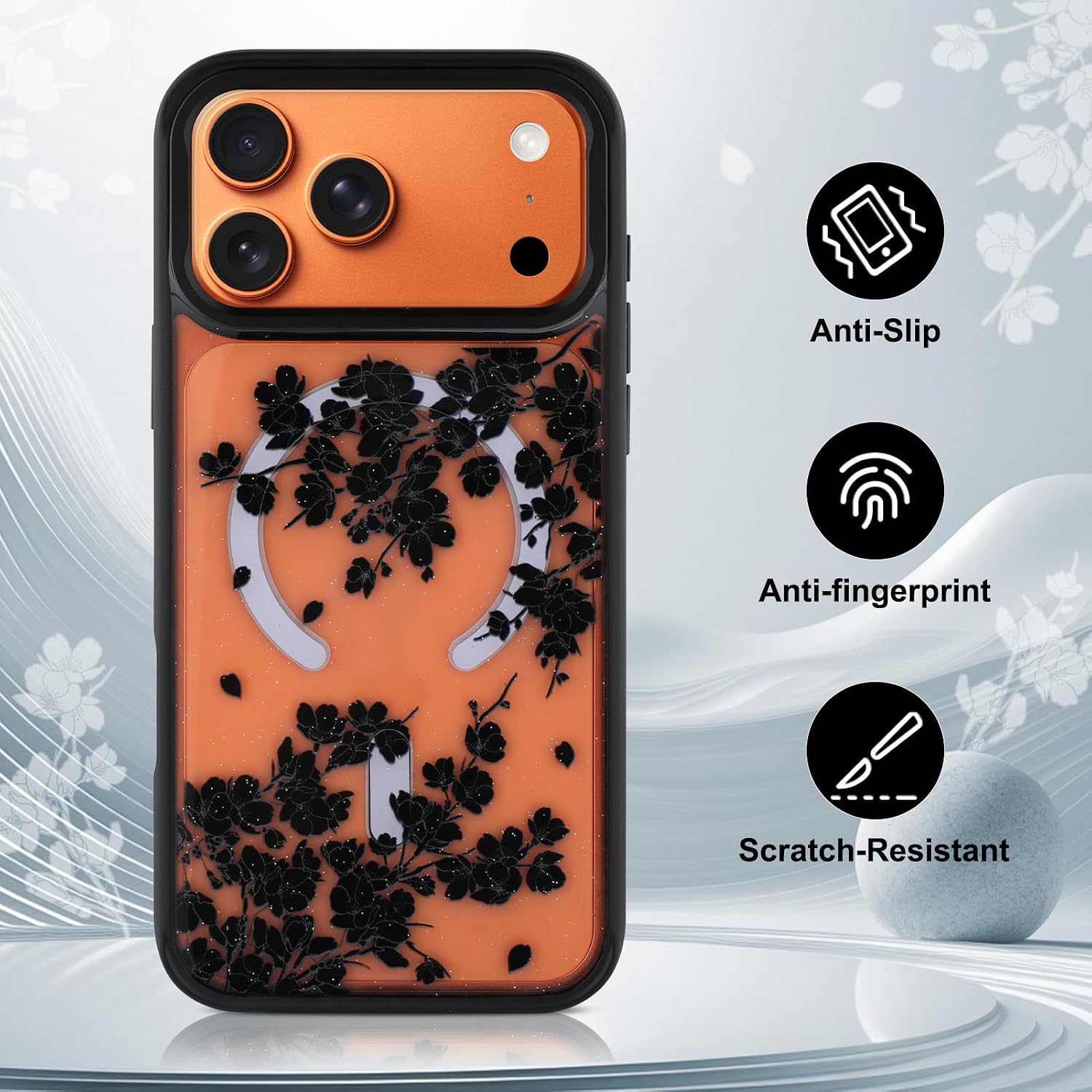 OOK Case Fit for iPhone 17 Pro 6.3 Inch (Compatible with MagSafe) Clear Glitter Phone Cover with Black Floral Flowers Design Soft TPU + Hard PC Anti-Scratch Shockproof Magnetic Case for Women