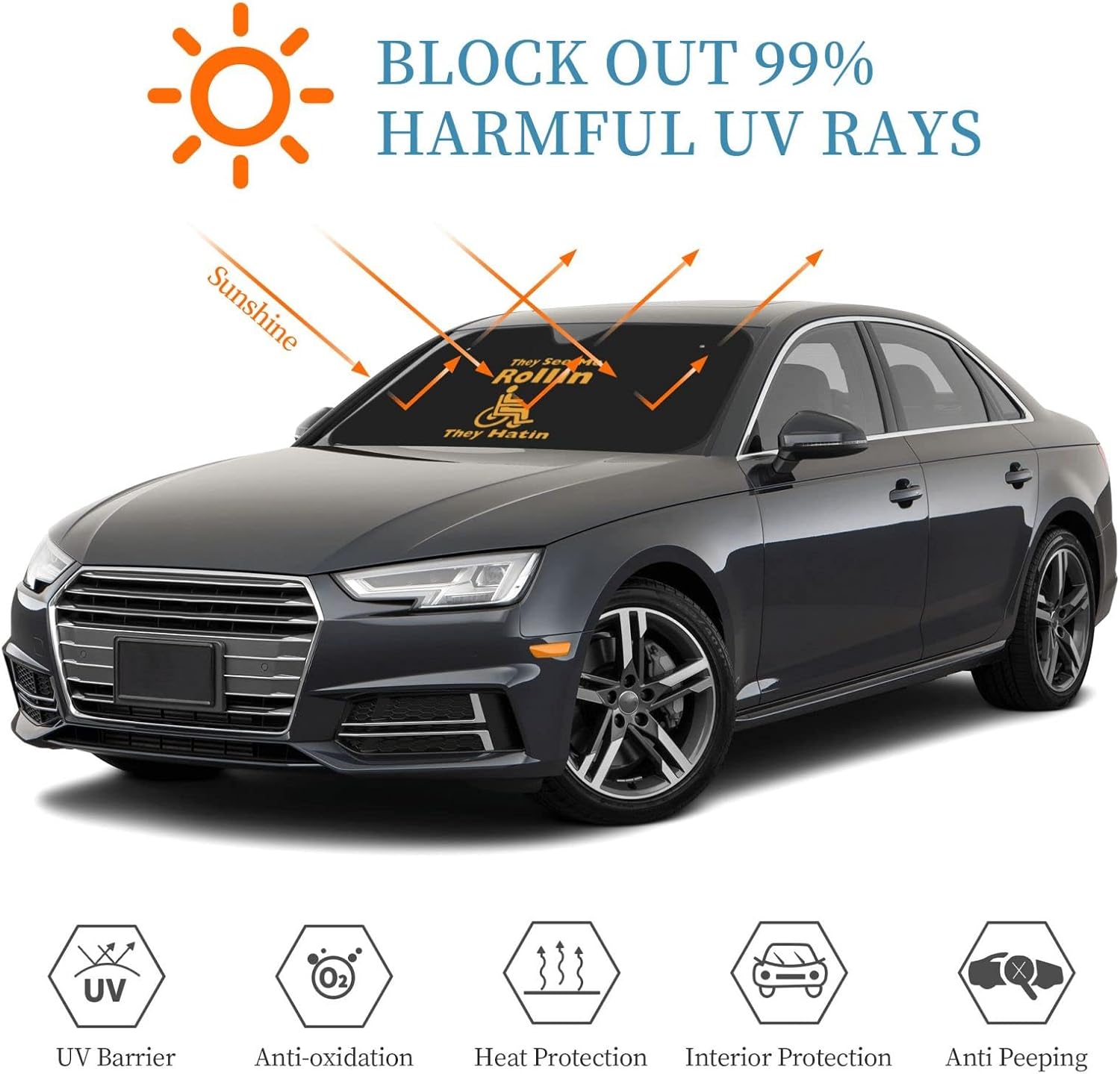 They See Me Rolling They Hating Wheelchair Windshield Sun Shade Keep Your Vehicle Cool, for SUV Cars Trucks Universal Sun Shade