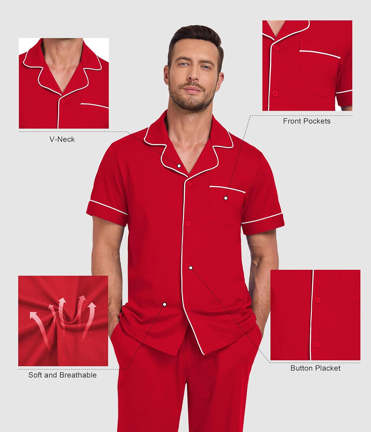 CF Men's 100% Cotton Pajama Sets Button Down Pj Sets Short Sleeve Top & Long Pants Loungewear Lightweight with pockets - Image 2