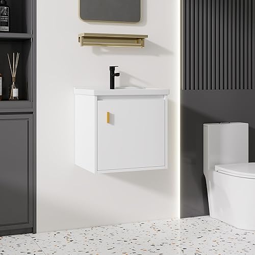 Miniatura 207 de Tocador de baño de 20 pulgadas con lavabo de cerámica, tocador de baño pequeño montado en la pared con puerta de cierre suave, gabinete flotante