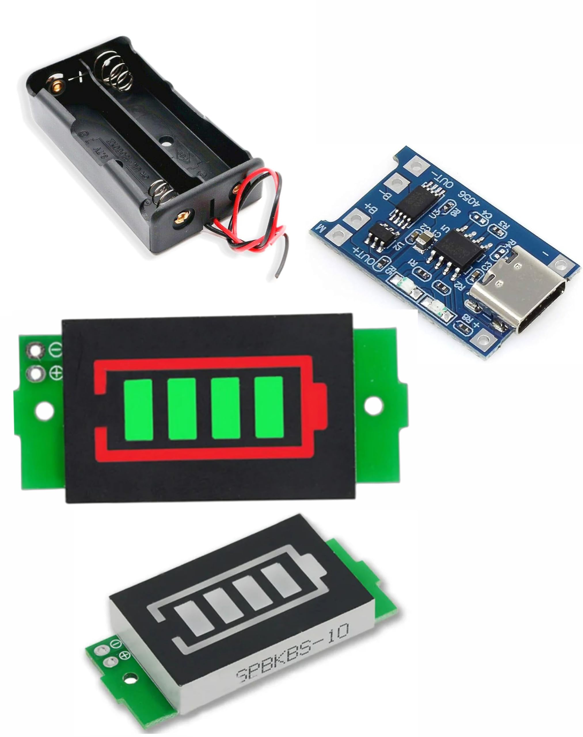 18650 Lithium Battery Holder, 3.7V, Dual Storage Slots, with TP4056 5V 1A Charging Module (C-Type) and 1S 2S Lithium Battery Capacity Indicator Module 4 Sections Green LED Display Tester Li-po Li-ion-image-31