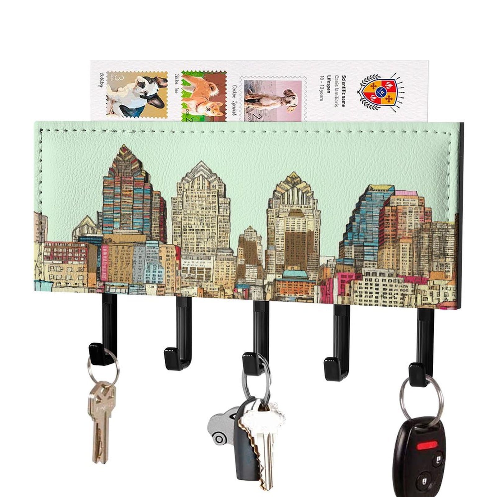 FekiLoot Austin Texas Key Holder for Wall Decorative Mail Organizer with 5 Key Hook Self Adhesive Key Rack with Tray Coat Rack Wall Mount Key Hanger Decor for Entryway Door