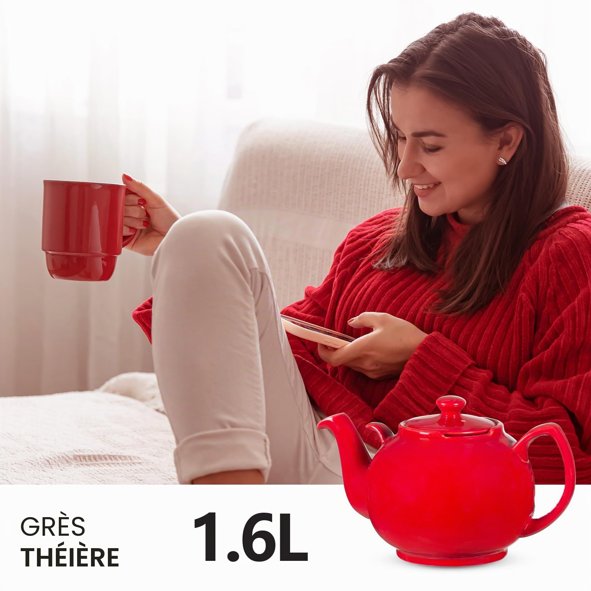 Urban Lifestyle théière avec infuseur 1,6 L B grade, théière céramique rouge avec petits défauts d’émail, infuseur thé en acier inoxydable 304 extra fin pour thé en vrac et sachets, anti goutte