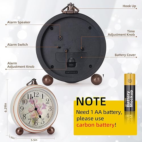 Miniatura 7 de Maxspace Reloj despertador vintage de 5.2 pulgadas, silencioso, sin tictac, con tulipanes, reloj analógico y funciona con pilas, con movimiento de