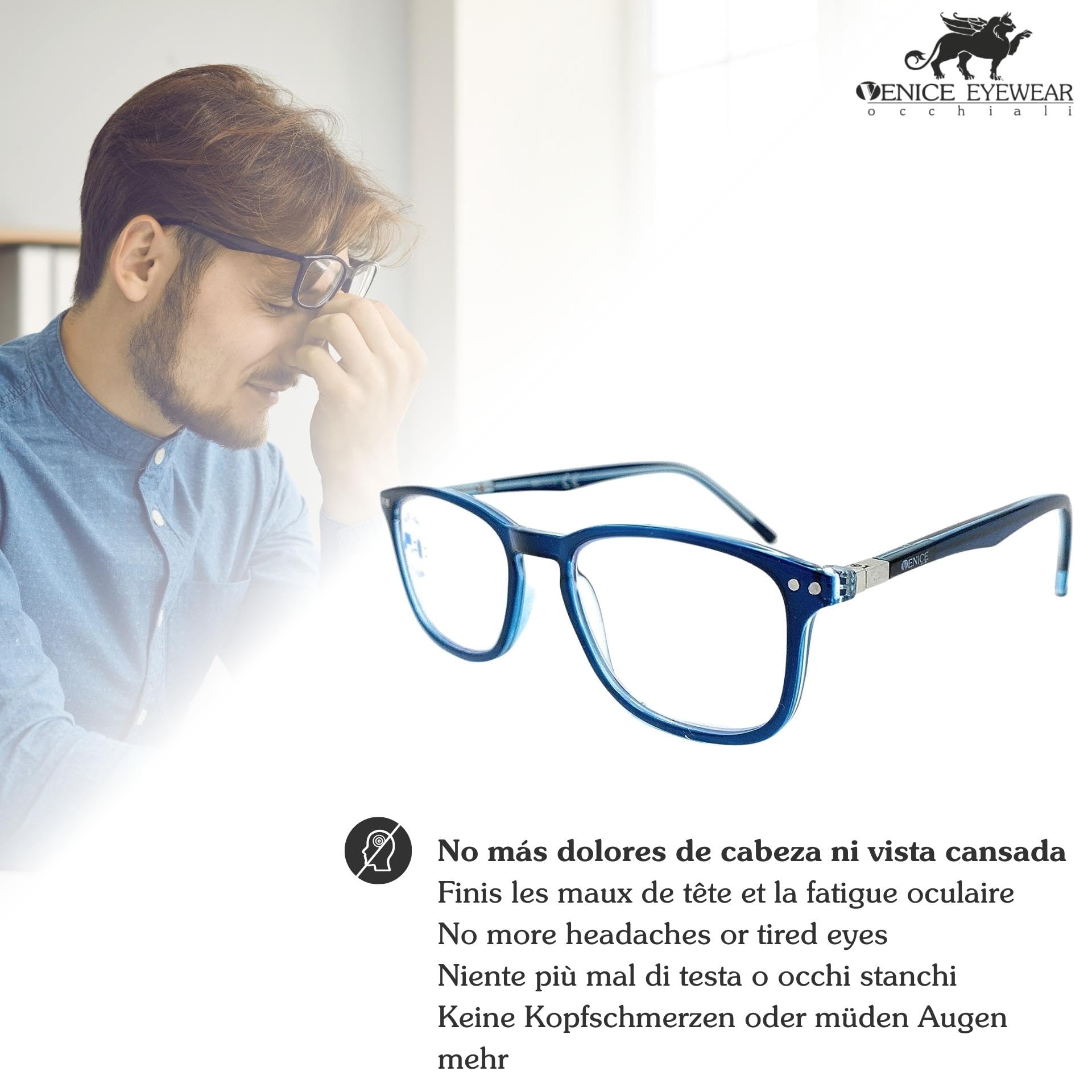 VENICE EYEWEAR OCCHIALI | New Model 2021 Gafas de lectura con filtro bloqueo de luz azul para gaming, ordenador, móvil. Anti fatiga professional unisex venice (Azul con Blue blocking, 3.00)