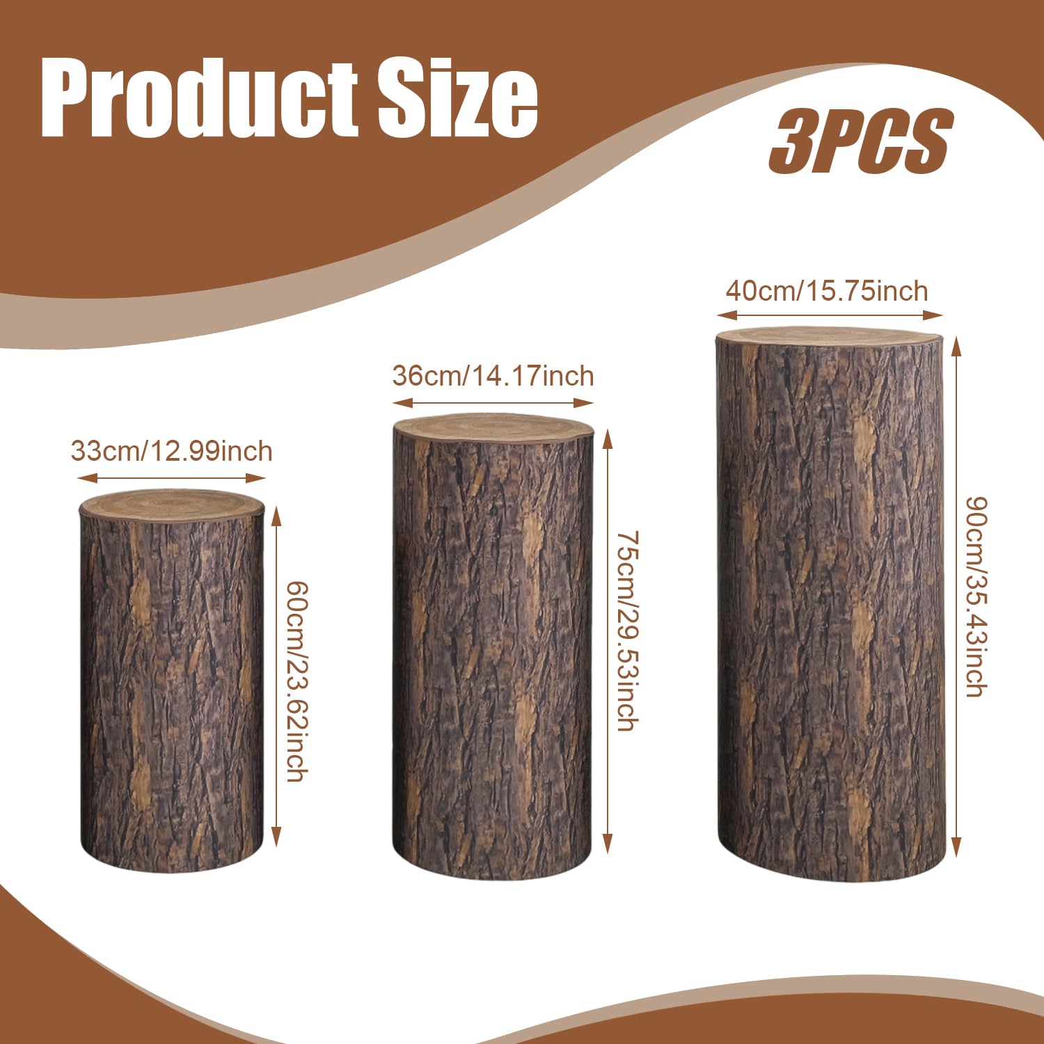 PAPABA 3 Pcs Spandex Cylinder Stand Covers (Wood Color) - Elastic Pedestal Covers For Wedding & Party Decor (3 Sizes)
