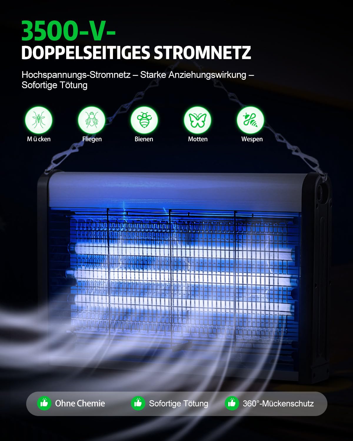 Insektenvernichter Elektrisch 3500V 30W UV Mückenlampe mit 3 UVA-Röhren Mückenfalle fängt Insekten Mücken Fliegen, Elektrische Fliegenfalle für Zuhause Büro, Garten, Doppelseitiges Hochspannungsgitter