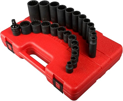SUNEX TOOLS 3326 Juego de llaves de impacto SAE de 12 puntos con accionamiento de 3/8 pulgadas, 25 piezas