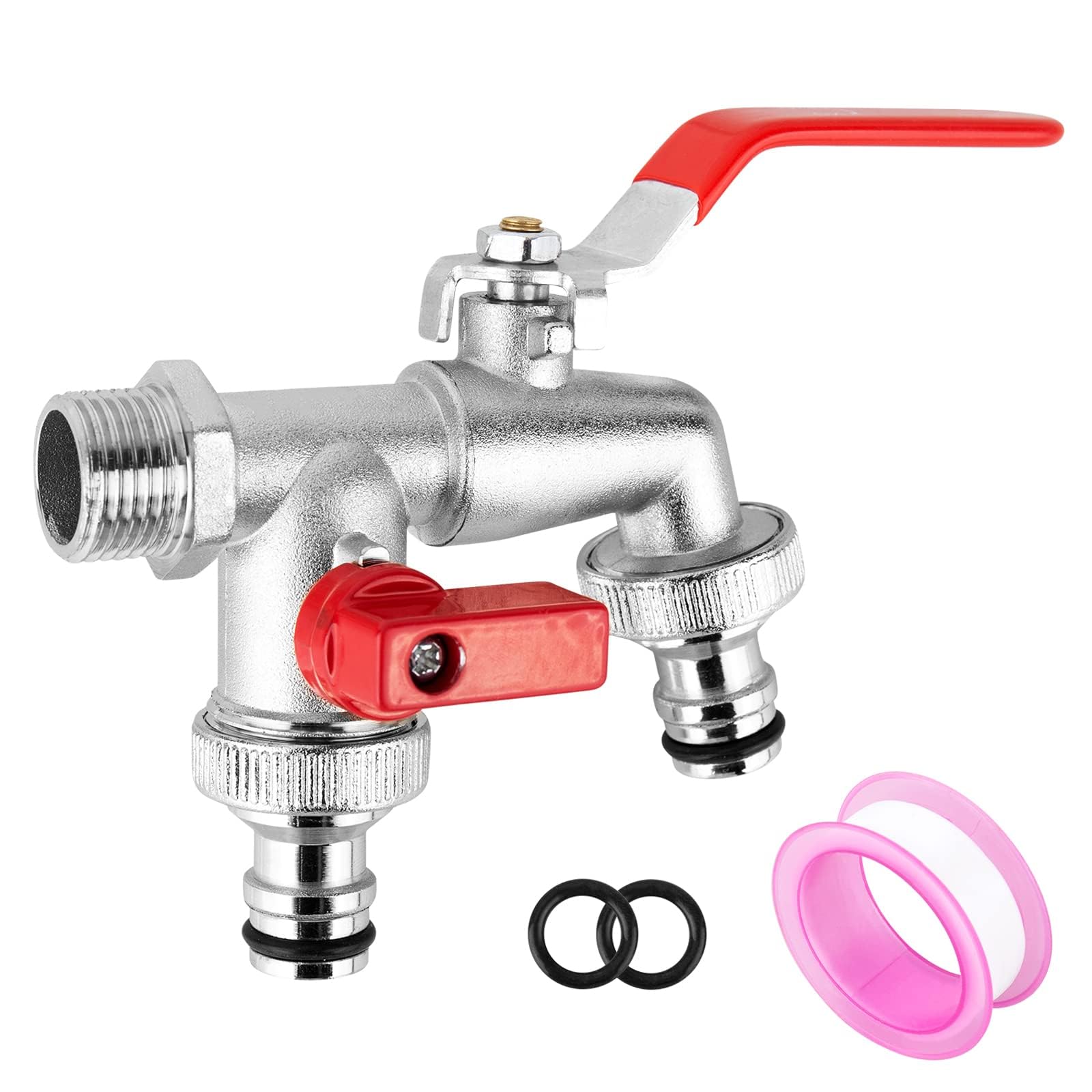 Doppio Rubinetto Da Giardino In Ottone, Rubinetto Esterno A Due Uscite Con Attacchi 1/2" E 2x3/4", Valvola A Sfera, Antigelo, Completo Di Guarnizioni E Nastro Sigillante