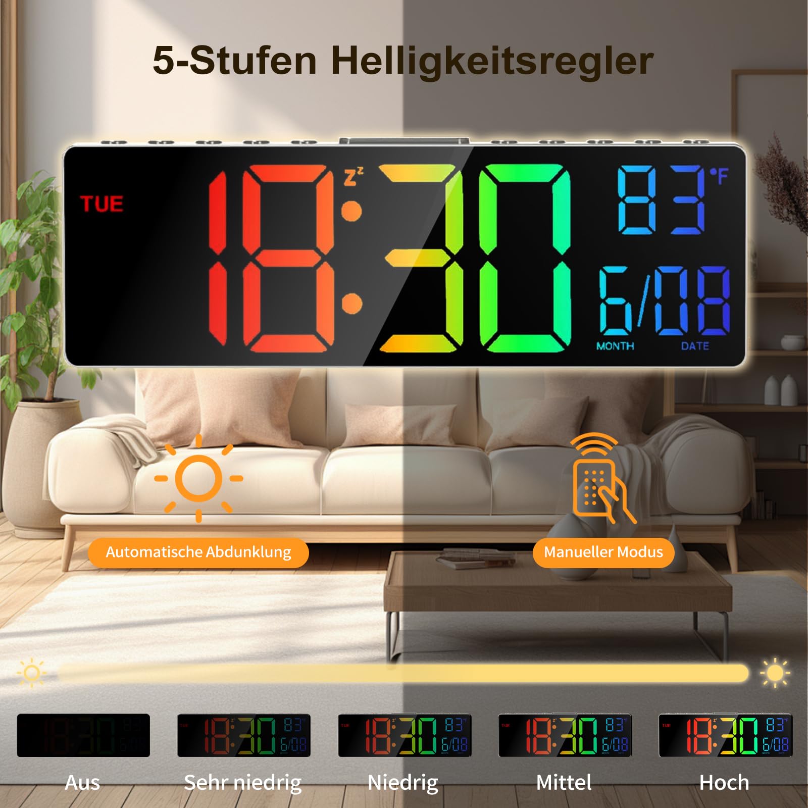 HUO JI Horloge murale et de table numérique de 10,5 pouces avec télécommande, changement de couleur RVB, réglage automatique de la luminosité, veilleuse, affichage de la température et de la date