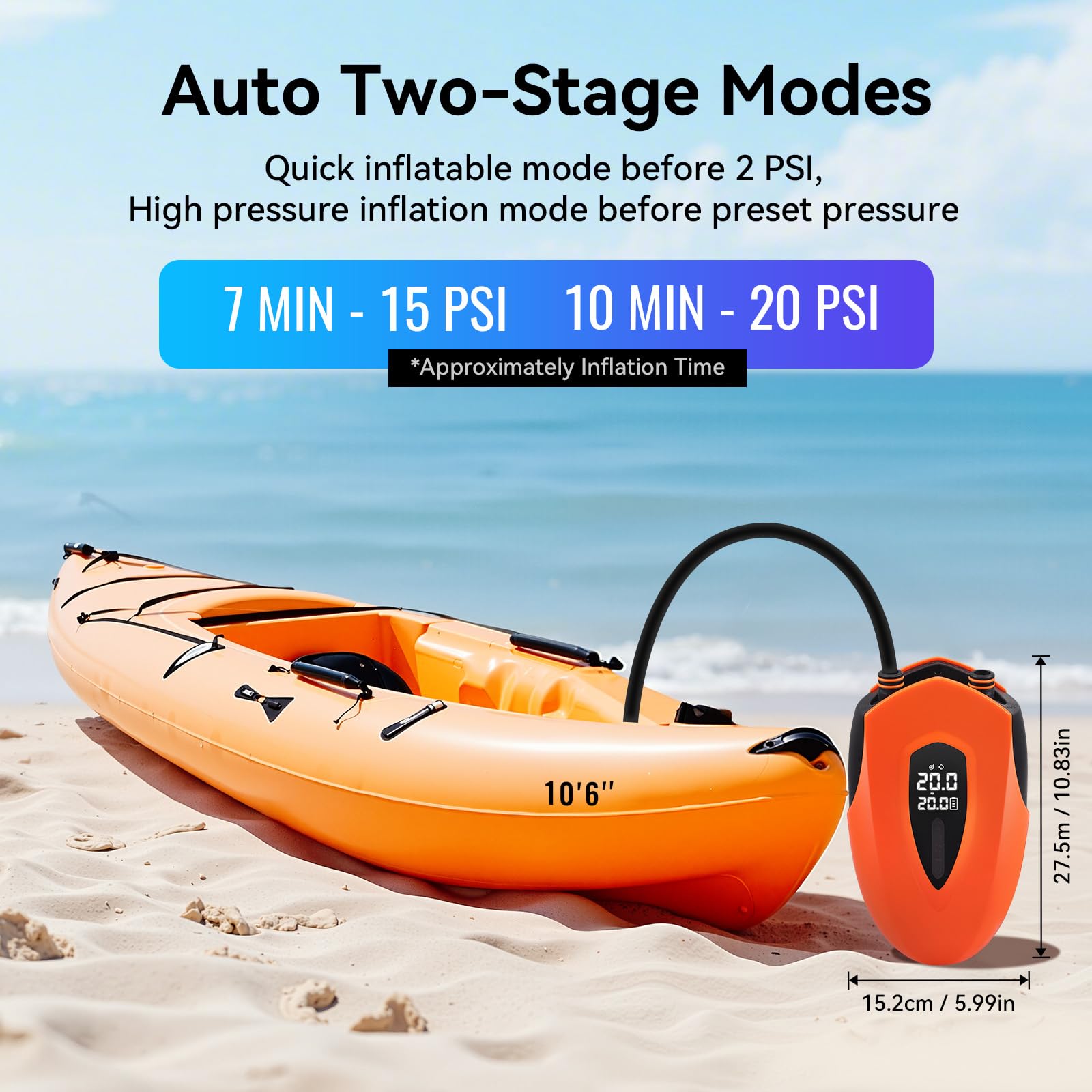 Pompe à air électrique 20 PSI haute pression - Pompe à air SUP électrique - 12 000 mAh - Batterie rechargeable - Avec lumière LED - 12 V CC - Pour bateau gonflable, matelas gonflable