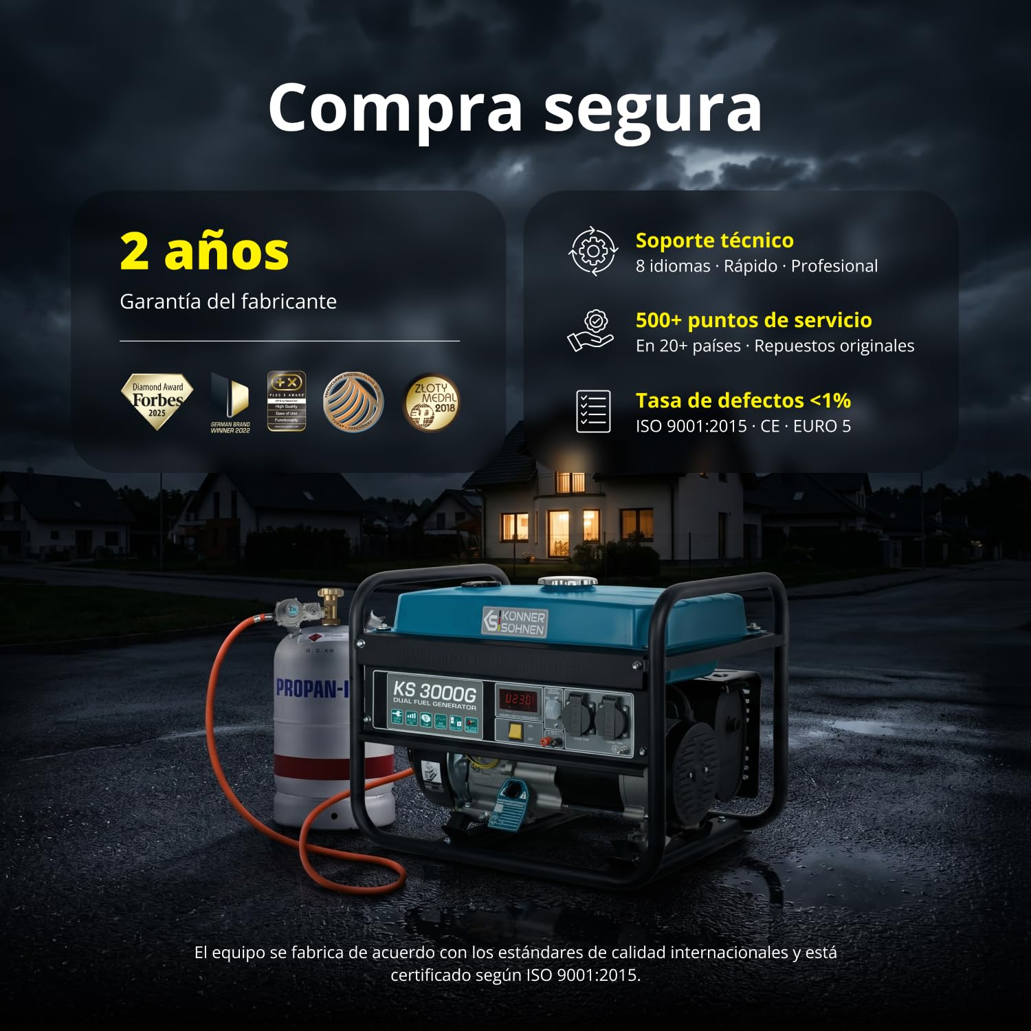 Generador de doble combustible (gasolina y gas) KS 3000G, generador electrico gasolina 3000 W, 2x16A (230 V), 12V, generador 4 tiempos con (AVR), indicador de aceite, protección ante sobrecargas