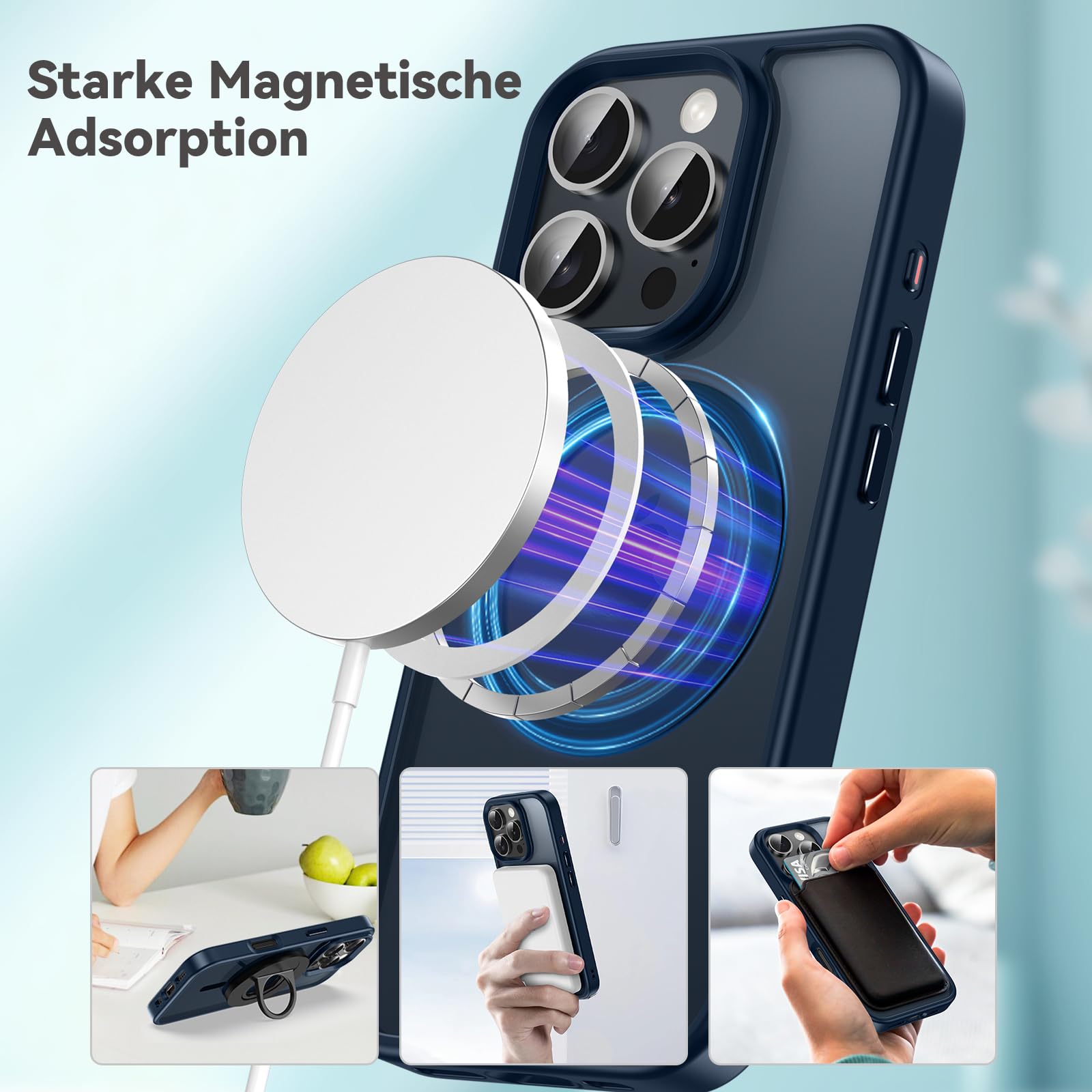Natiiozie Magnetica Cover Compatibile con iPhone 16 pro Compatibile con MagSafe Custodia Traslucida Opaca Posteriore, Antiurto Anti-impronta Resistente ai Graffi Protettiva Case (Blu Scuro)