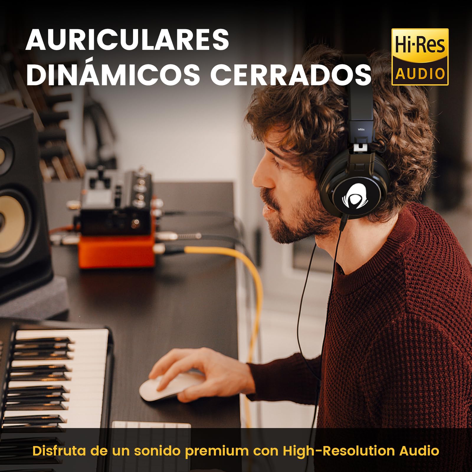 Talomen W50X Auriculares DJ con Cable de ruido,Auriculares de estudio para dj,auriculares con 50mm Controladores, 3.5 y 6.35mm Conector de Audio para PC AMP Grabación de Teléfono Piano Guitarra, Negro