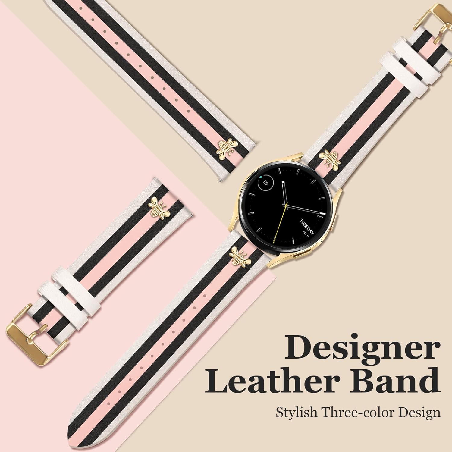 Designer Leather Bands with Charms Compatible with Samsung Galaxy Watch 7/6/5/4/Active 2 40mm 44mm/Watch 6 Classic 43mm 47mm/Watch 5 Pro 45mm/Watch 4 Classic 42mm 46mm, 20mm - Image 3