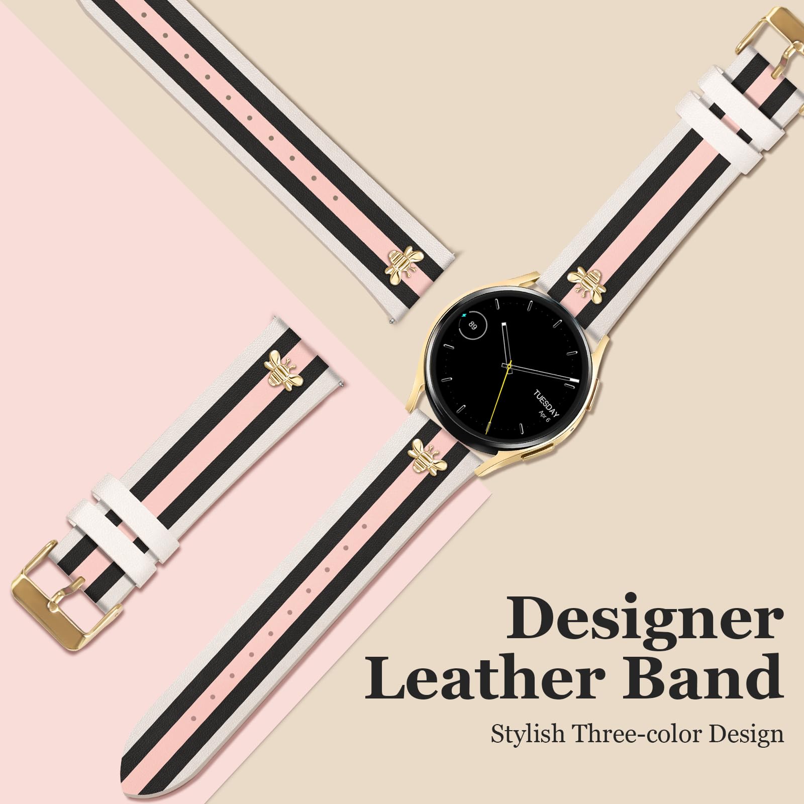 MOINSPIRE Designer-Lederarmbänder mit Charms, kompatibel mit Samsung Galaxy Watch 7/6/5/4/Active 2 40 mm, 44 mm/Watch 6 Classic 43 mm, 47 mm/Watch 5 Pro 45 mm/Watch 4 Classic 42 mm, 46 mm, 20 mm
