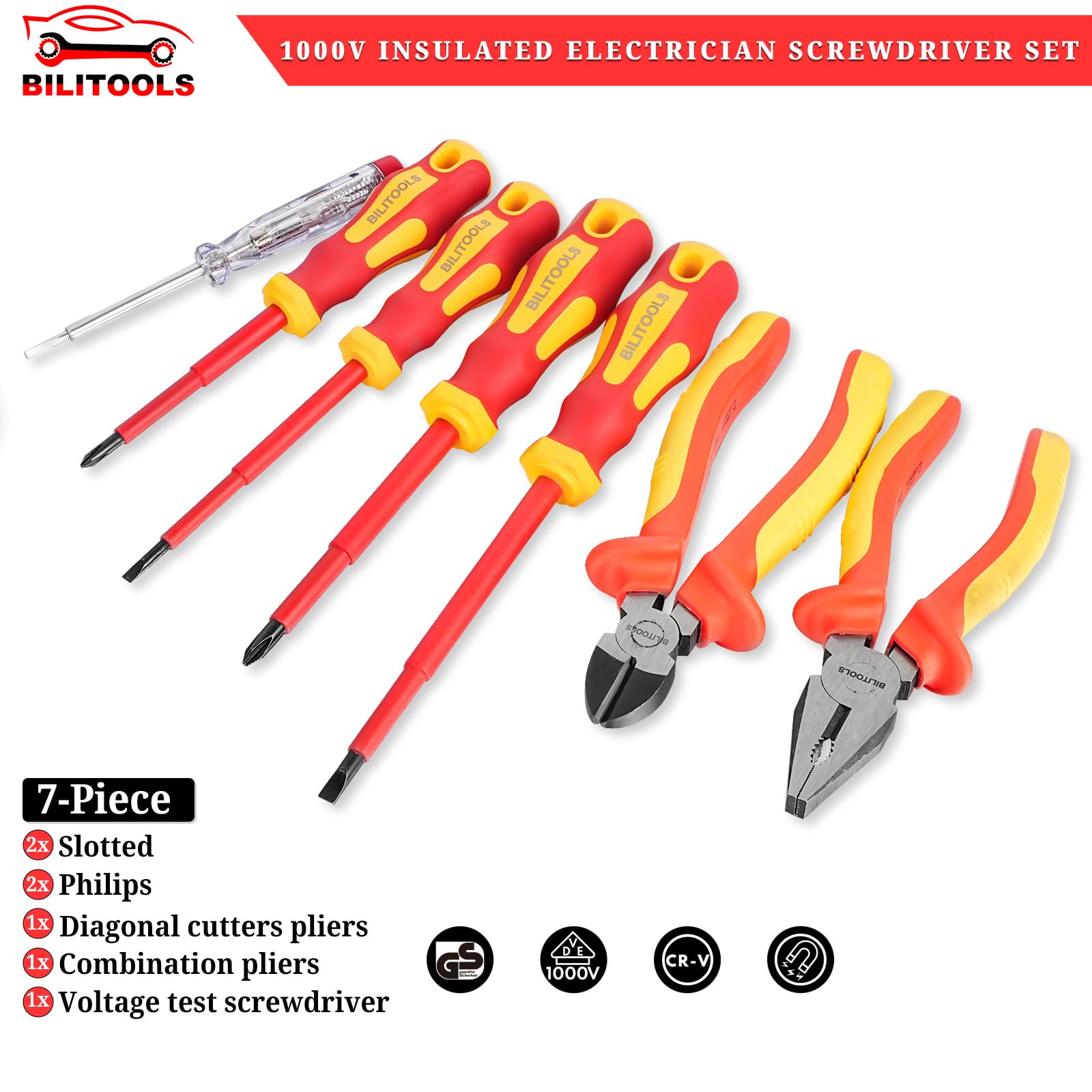 BILITOOLS Juego de destornilladores y alicates de electricista aislados de 1000 V, kit de 7 herramientas eléctricas con Phillips magnéticos, destornilladores ranurados, certificado VDE y GS