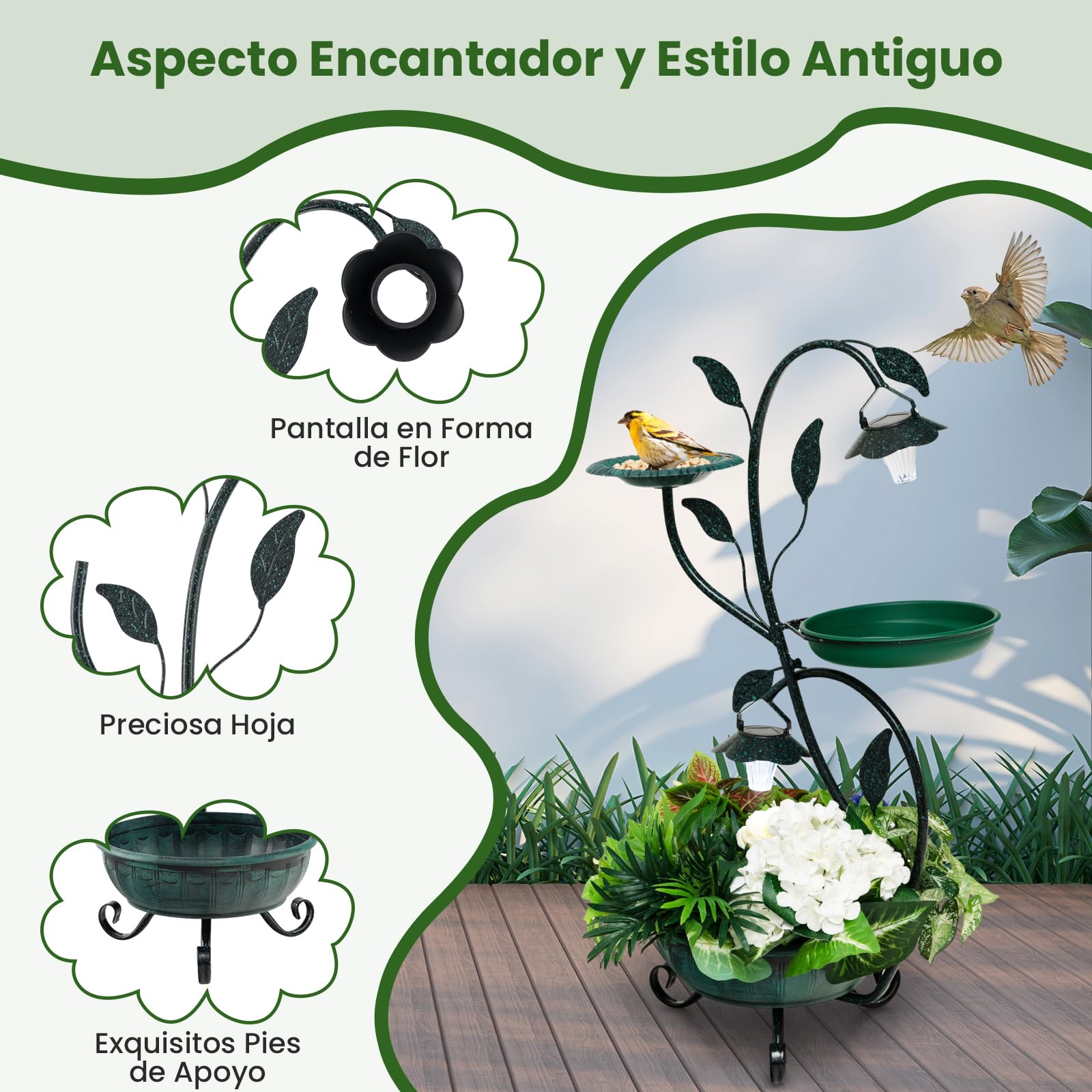 GOPLUS Comedero Pájaros con 2 Luces LED Solares, Bebedero para Pájaros con Maceta para Flores, Baño de Pájaros con Hoja Decorativa, Decoración de Jardín Exterior Estilo Retro, Bronce
