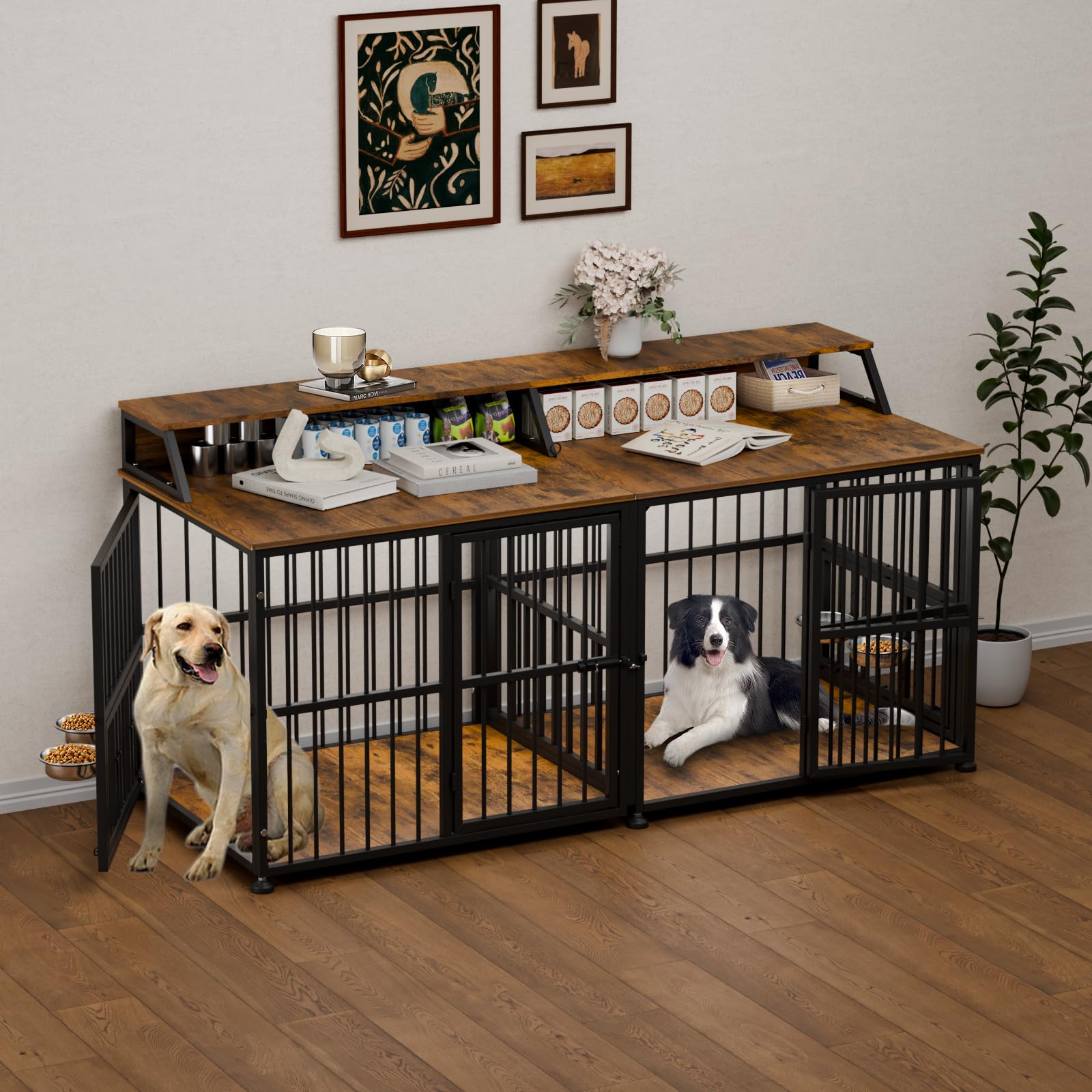 Dog Crate Furniture for, Dog Cage Large Breed, Thick Wooden Dog Crate with Storage Rack, 72 Inch Double Dogs House Sturdy Dog Kennel with Removable Divider