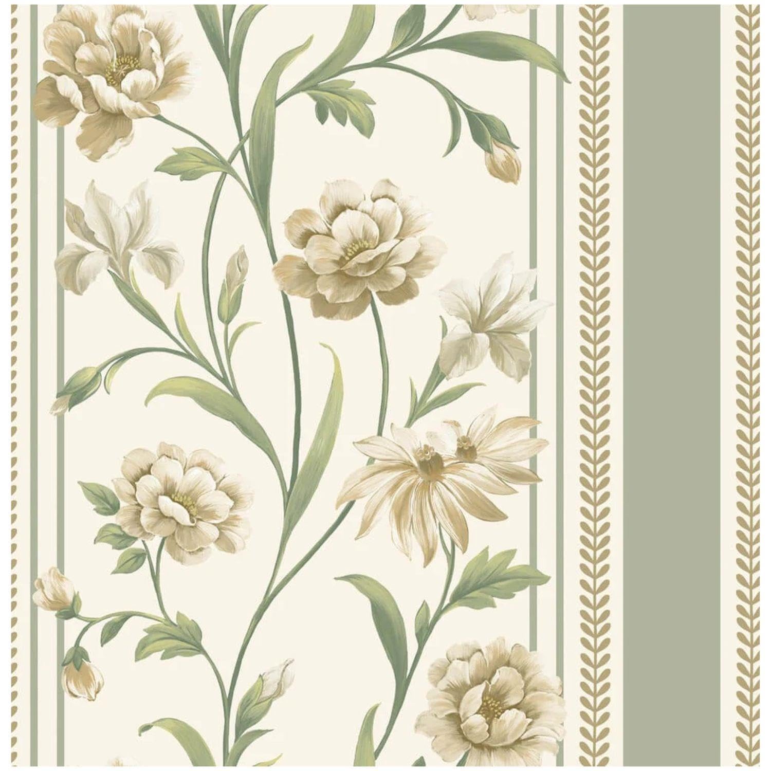 Yöl Sage Green Cream Raya Floral Stripe Wallpaper - Feature Statement Wall - 10.05M X 53Cm Roll - Contemporary Versatile Sophisticated - Washable Paste The Paper - Bedroom Lounge Living Room Wallcovering