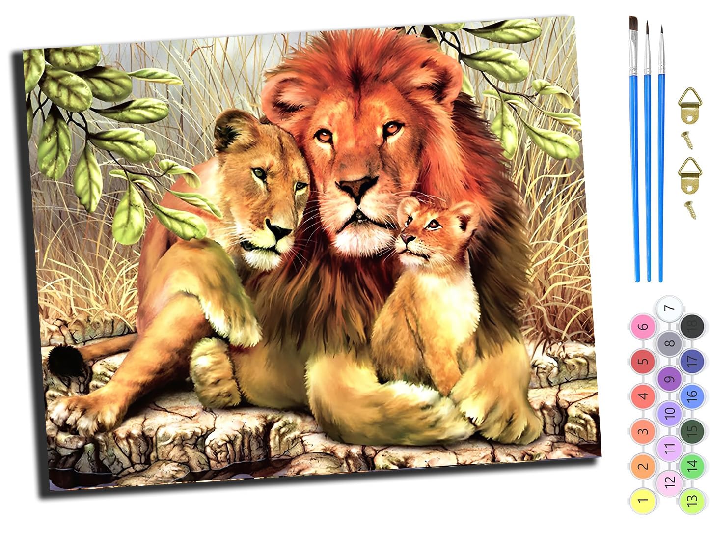 WANGXIAO DIY Hand Oil Painting,Paint by Numbers Kits for Adults Beginner,for Home Living Room Bedroom Decor,16x20inch，Lion Grassland King Family,Frameless