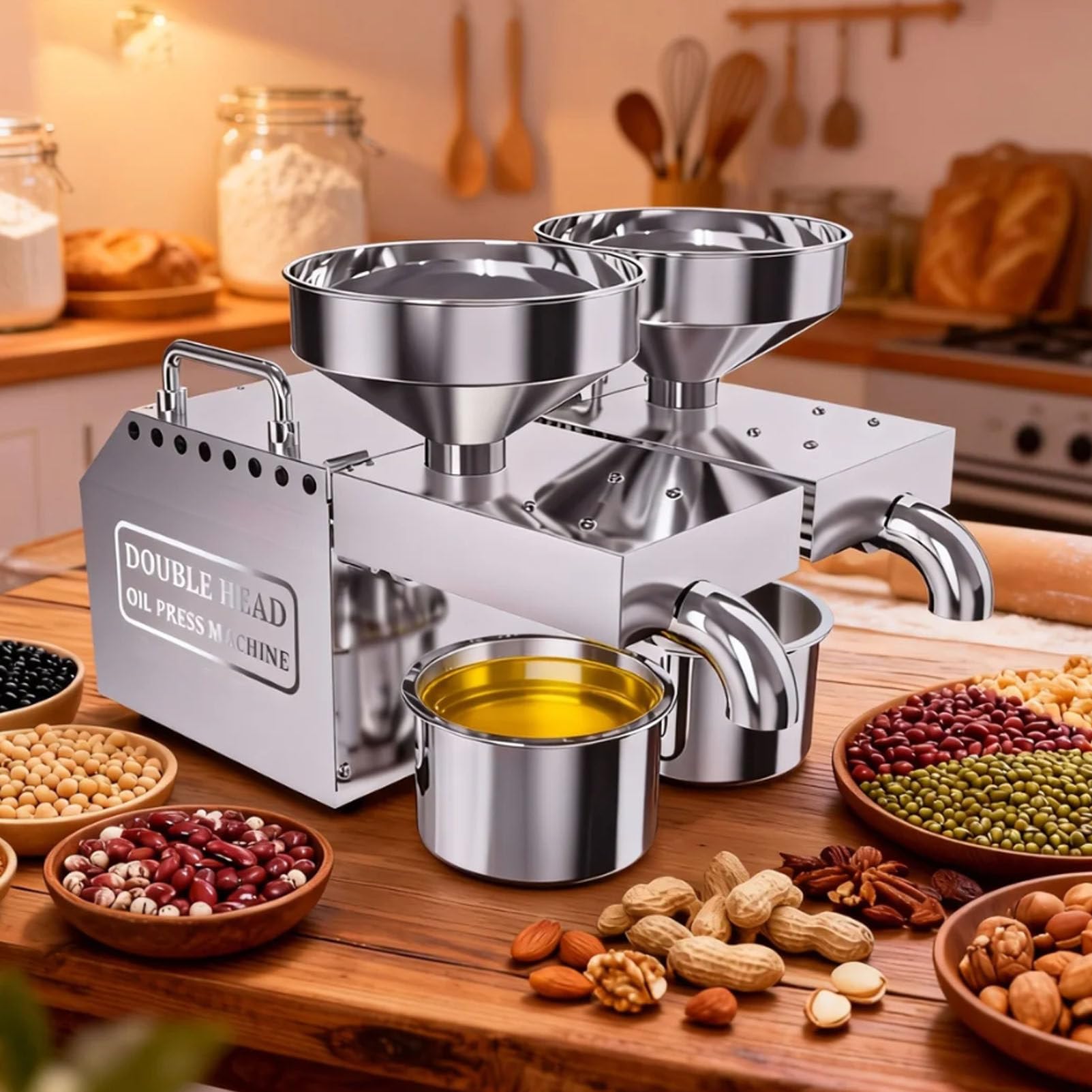 Pfps Stainless Steel Oil Press Machine, with Double Outlets, Hot & Cold Press Extractor for Avocado, Peanut, Sunflower Seeds, Home Use