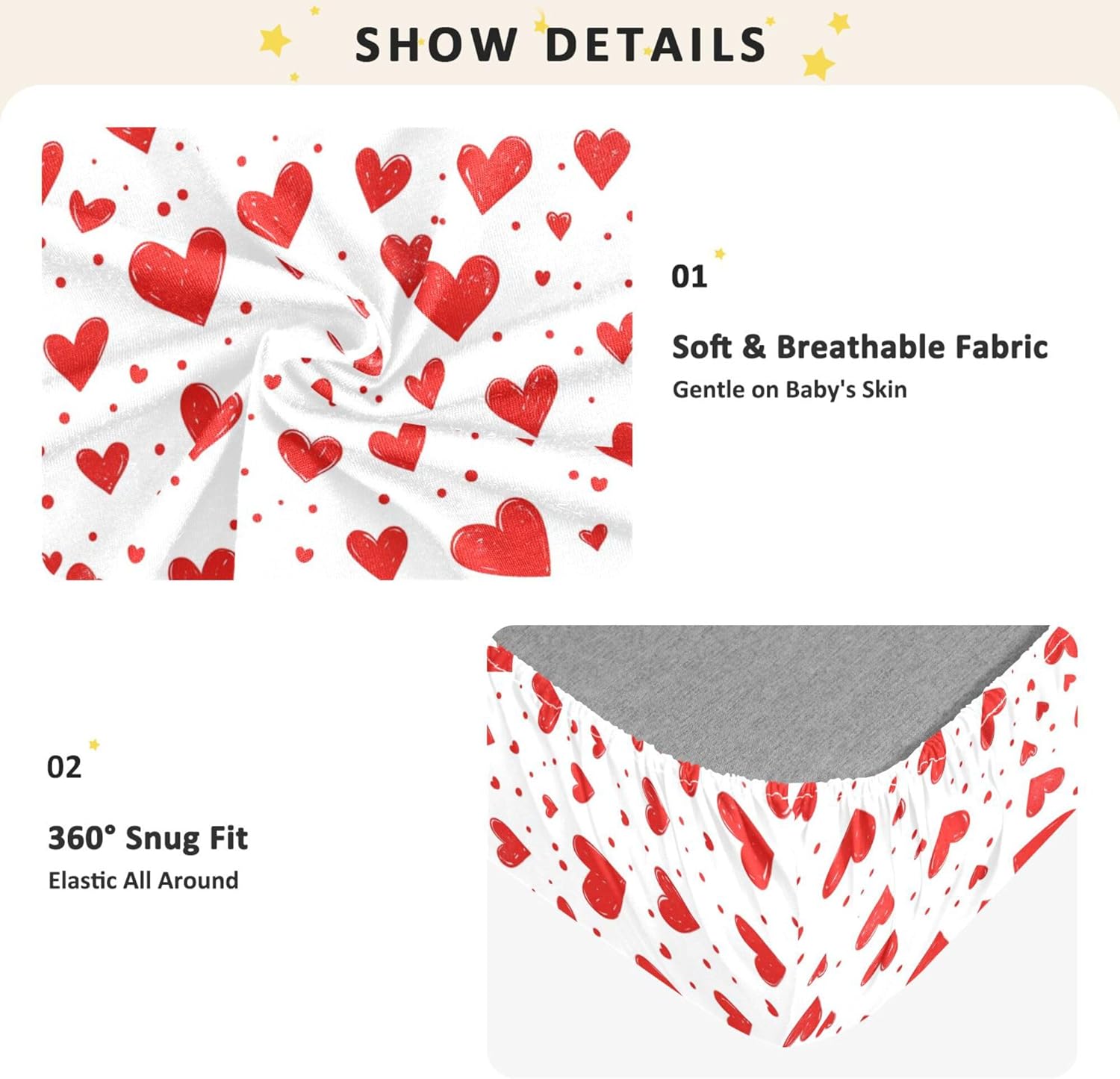 Red Heart White Pattern Crib Sheets Soft Breathable Fitted Cotton Baby Crib Sheets Mattress Cover for Girl Boy, 52" x 28" x 9"