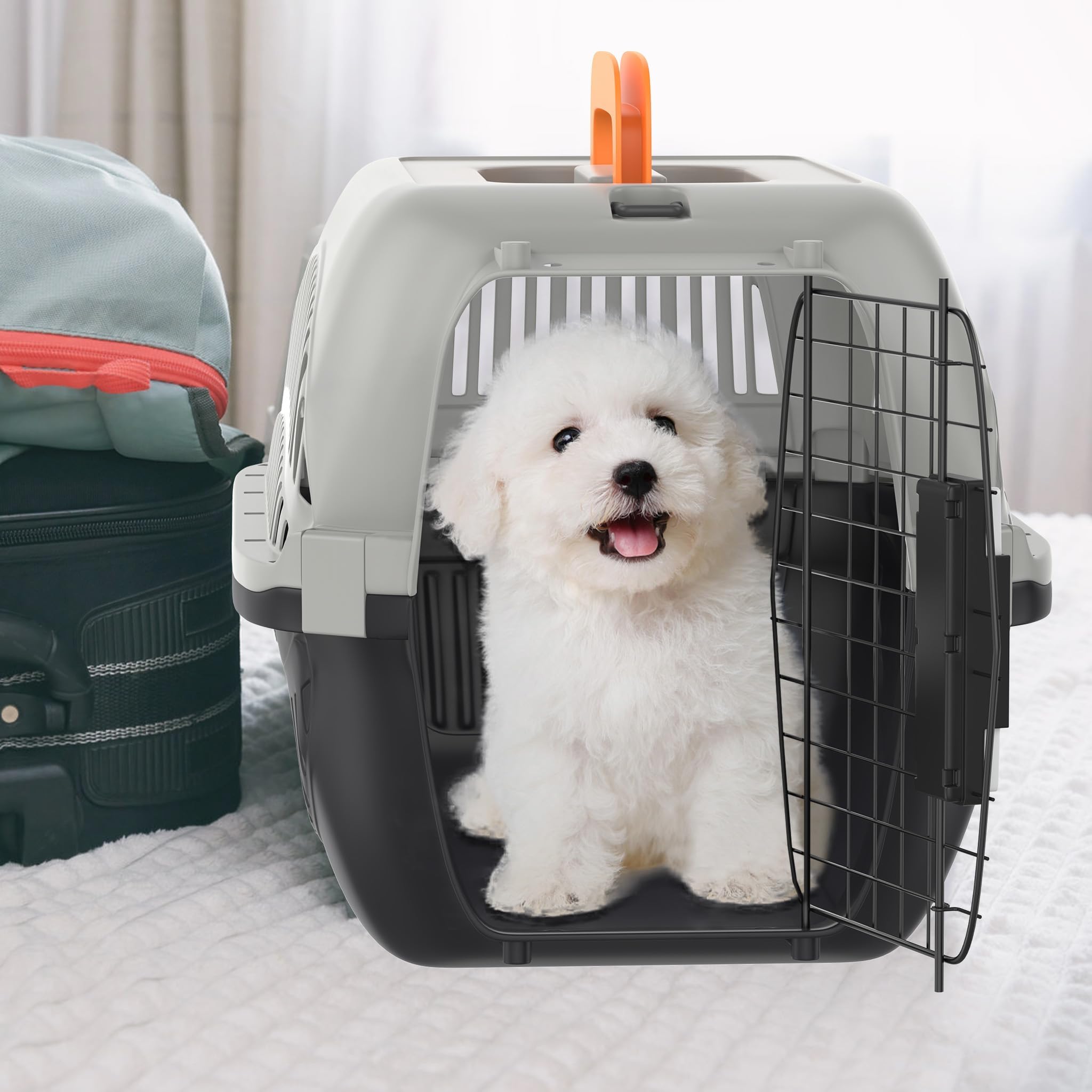 UISEBRT Katzentransportbox, Transportbox Katze mit Metalltür Vorne Tiertransportbox,Transportbox Hund für Kleine Haustiere/Katzen/Hunde/Kaninchen bis 10 kg, Grau+Schwarz