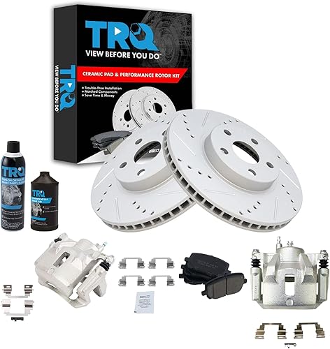 TRQ Kit de pastillas de freno y rotor de rendimiento delantero Kit químico de freno Pastillas de freno Rotores de freno Cerámica Premium G-Coated